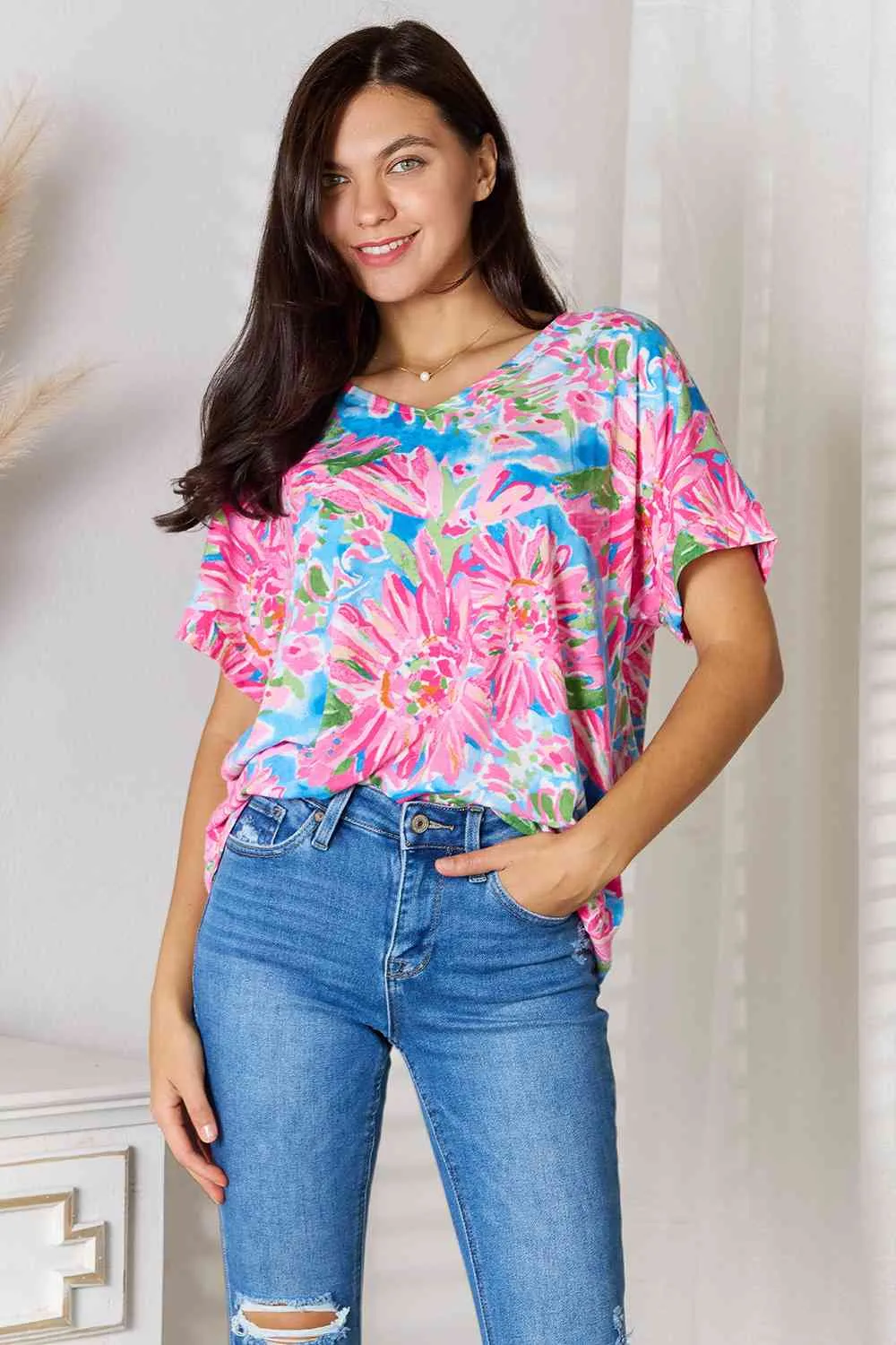 Double Take Floral V-Neck Short Sleeve Blouse