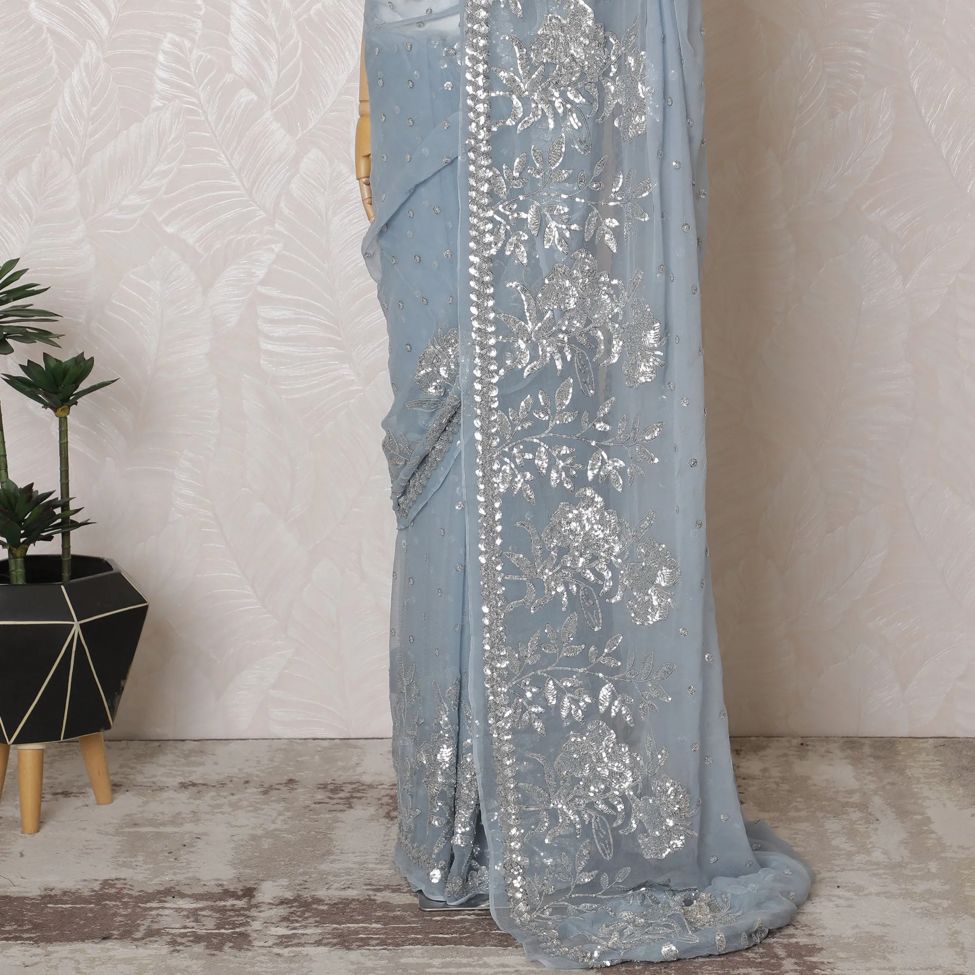 Elegant Sky Blue Silk Chiffon Saree with Silver Embroidery,110 cm Width, 5.5 Meters Piece-D19477