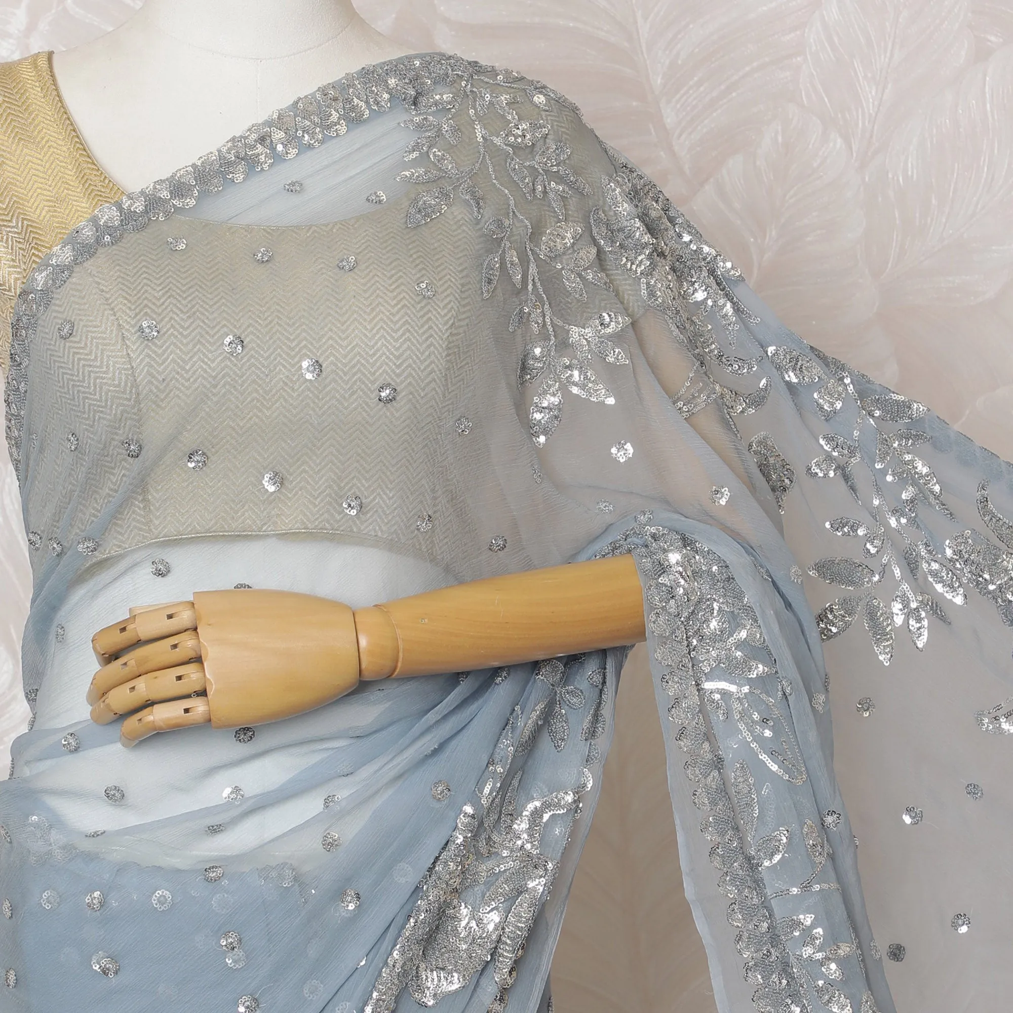 Elegant Sky Blue Silk Chiffon Saree with Silver Embroidery,110 cm Width, 5.5 Meters Piece-D19477