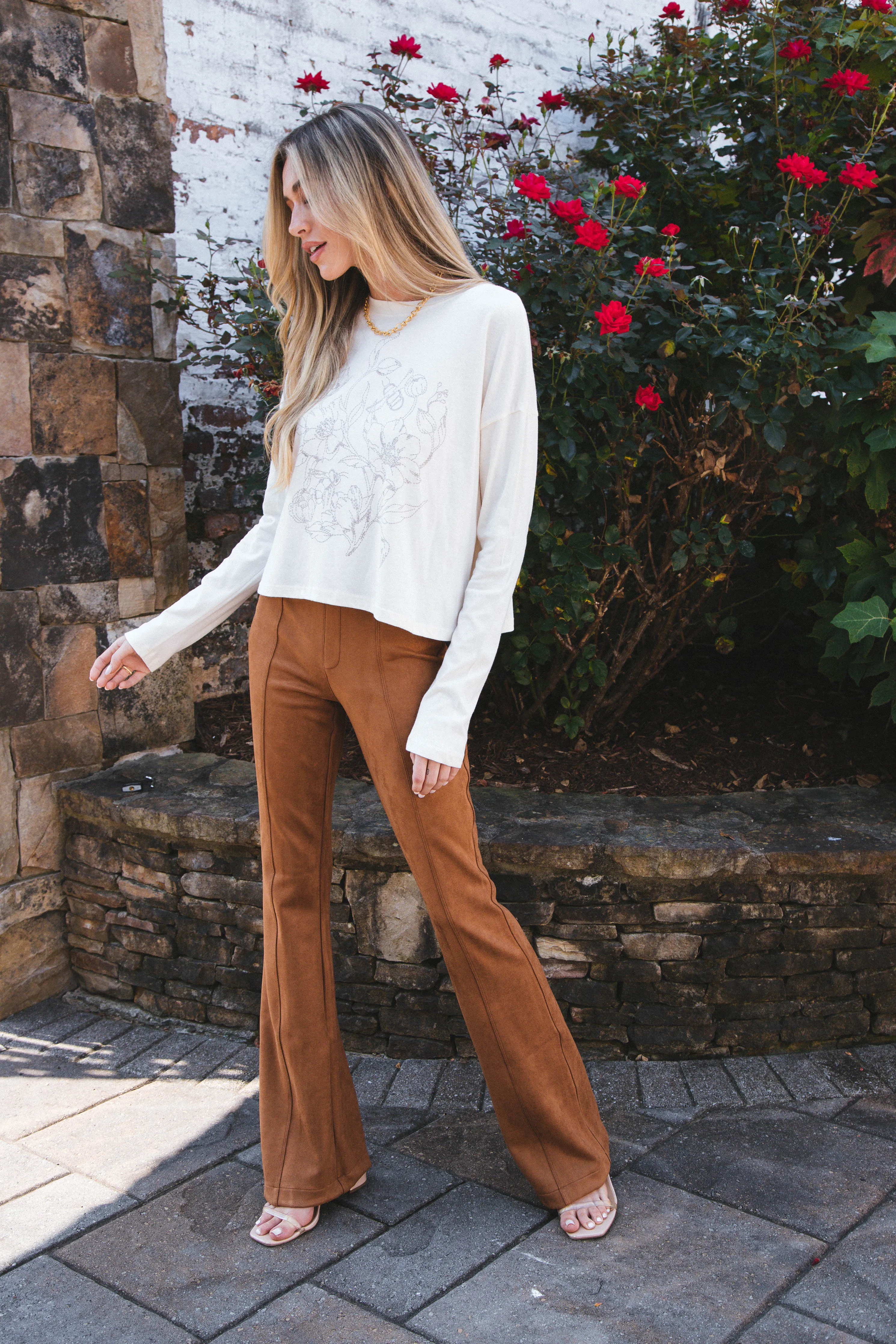 Embroidered Flower Graphic Long Sleeve Tee, Vintage White