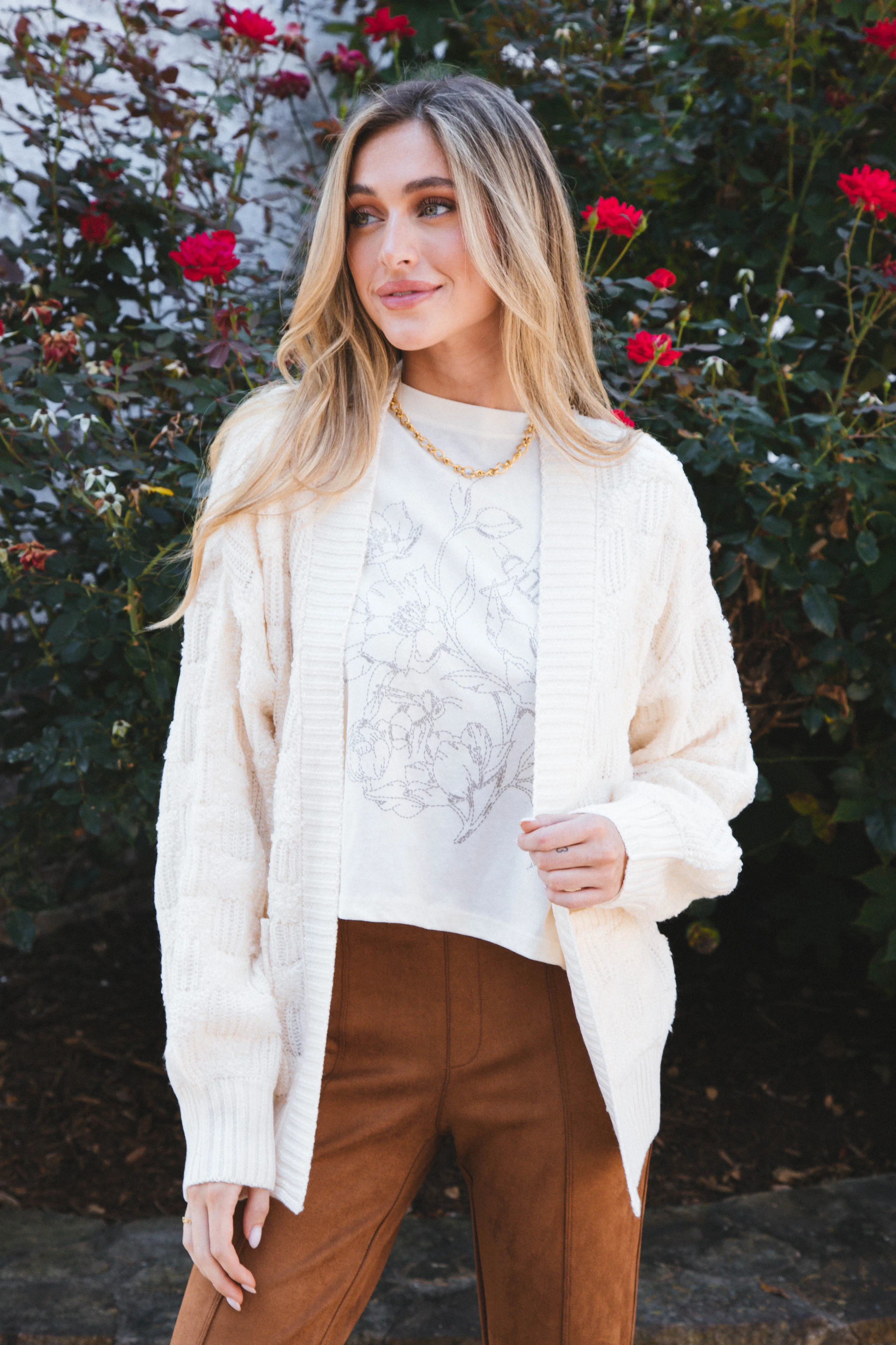 Embroidered Flower Graphic Long Sleeve Tee, Vintage White