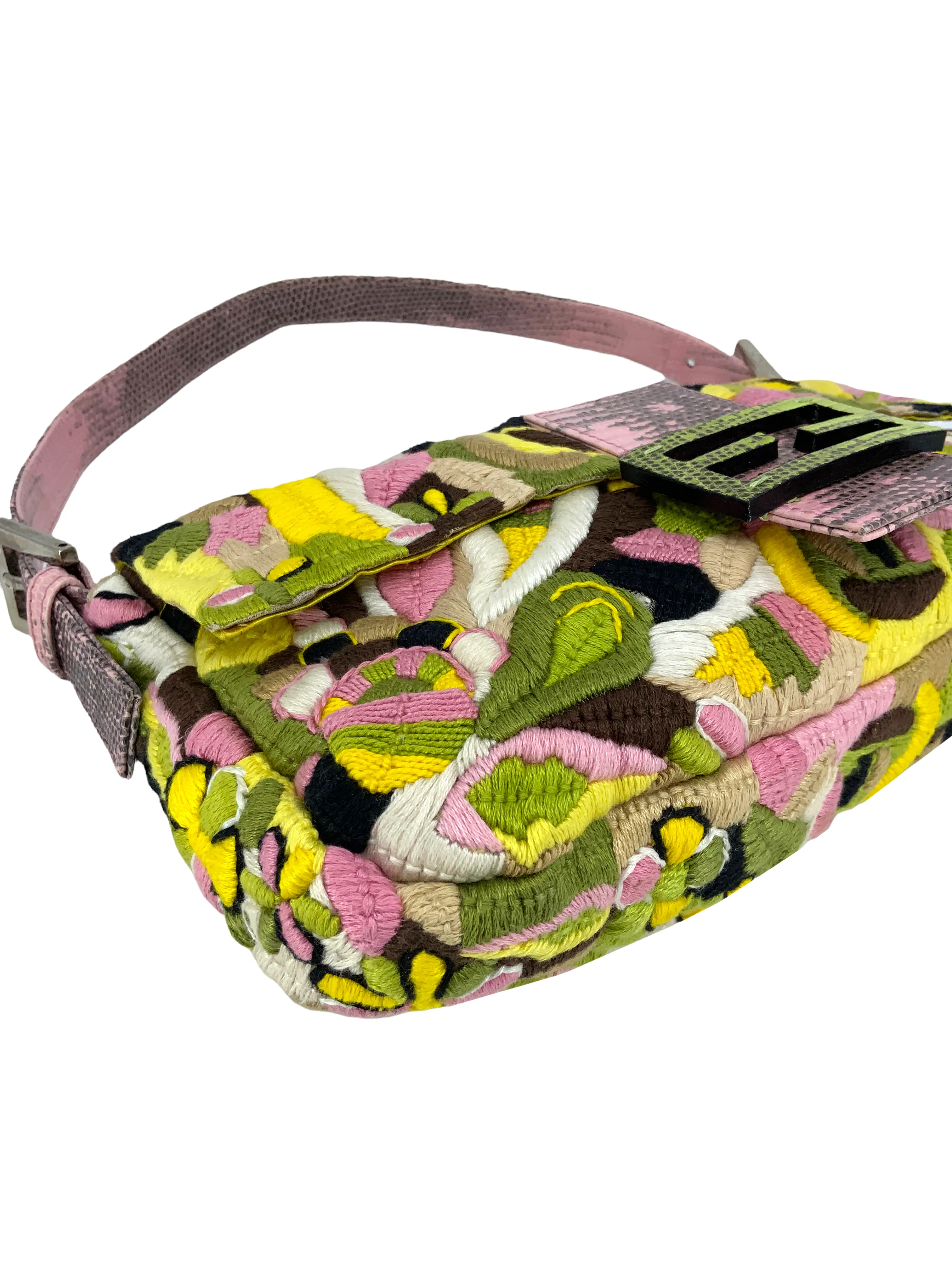 FENDI Lizard Embroidered Flower Baguette