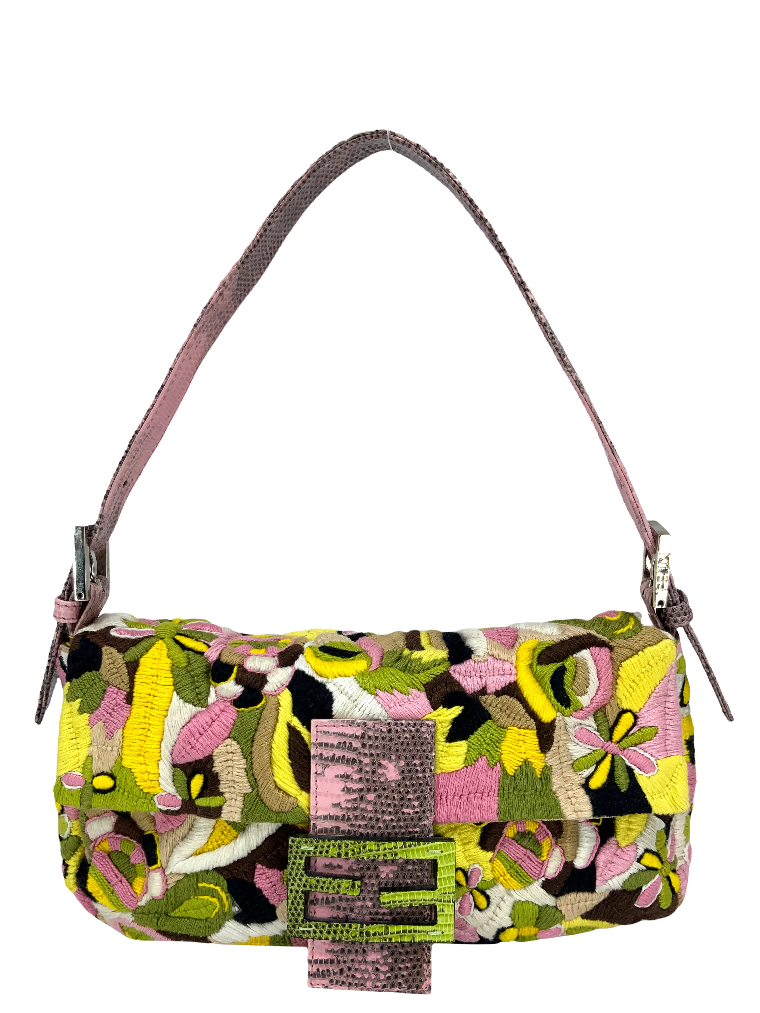 FENDI Lizard Embroidered Flower Baguette