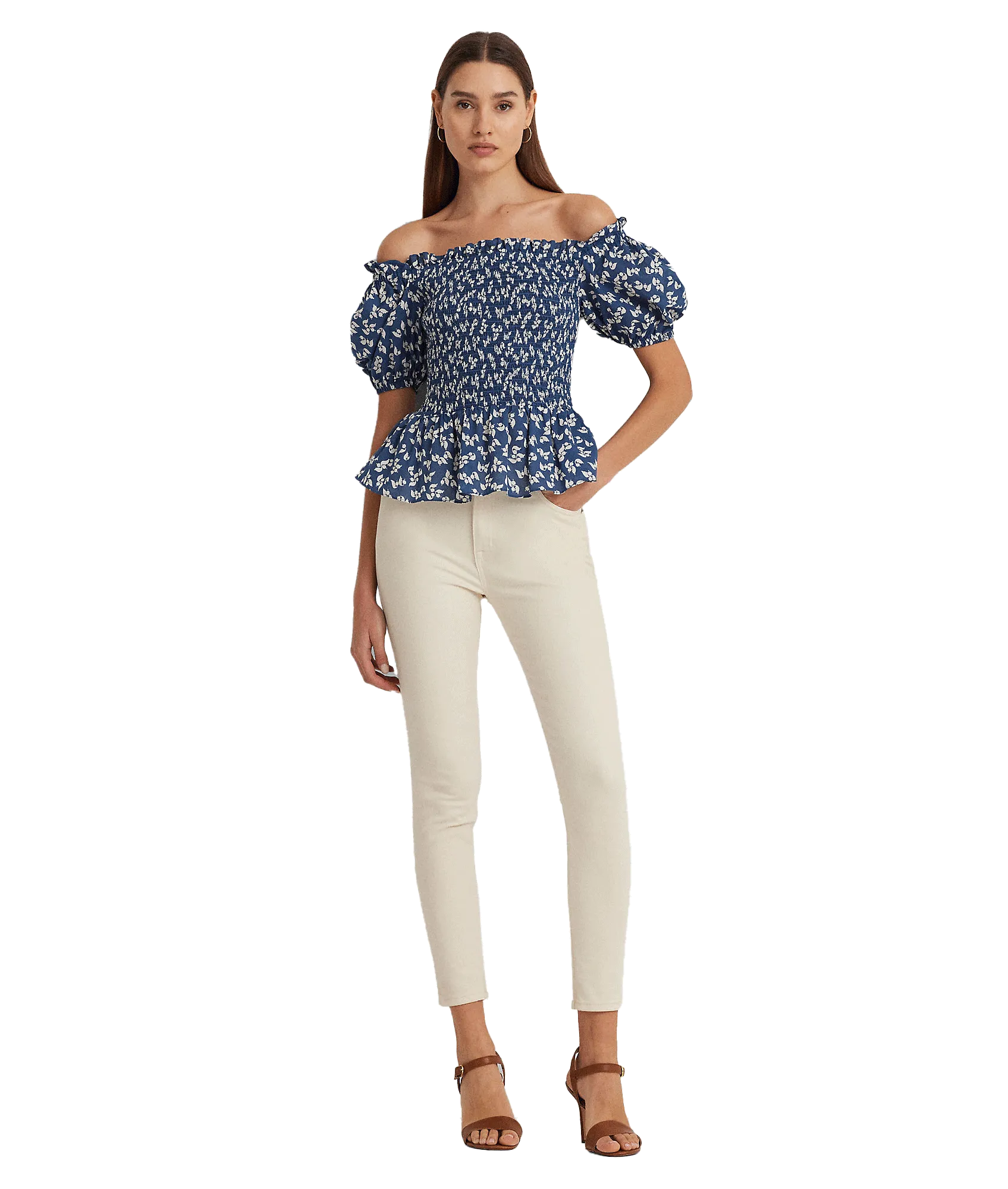 Floral Cotton Voile Peplum Blouse - Blue