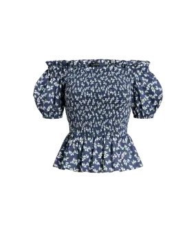 Floral Cotton Voile Peplum Blouse - Blue