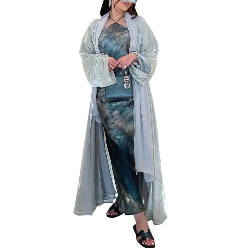 Flowy Women's Muslim Robe Dubai Over Shiny Silk Dress