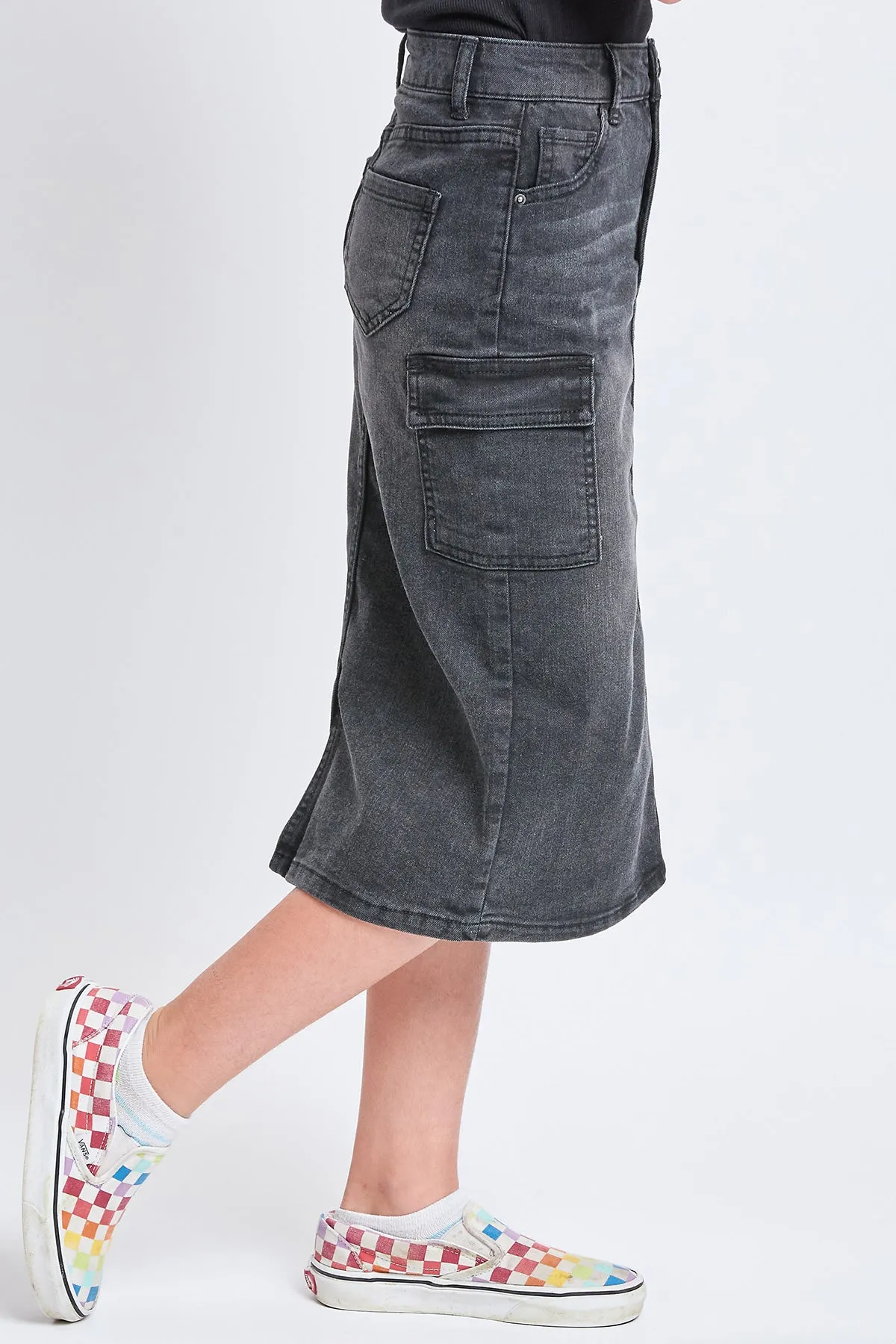 Girls Denim Long Cargo Clean Hem Skirt