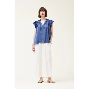 Giulia Grade and Gather Satin Blue Corn Ruffle Sleeve Blouse