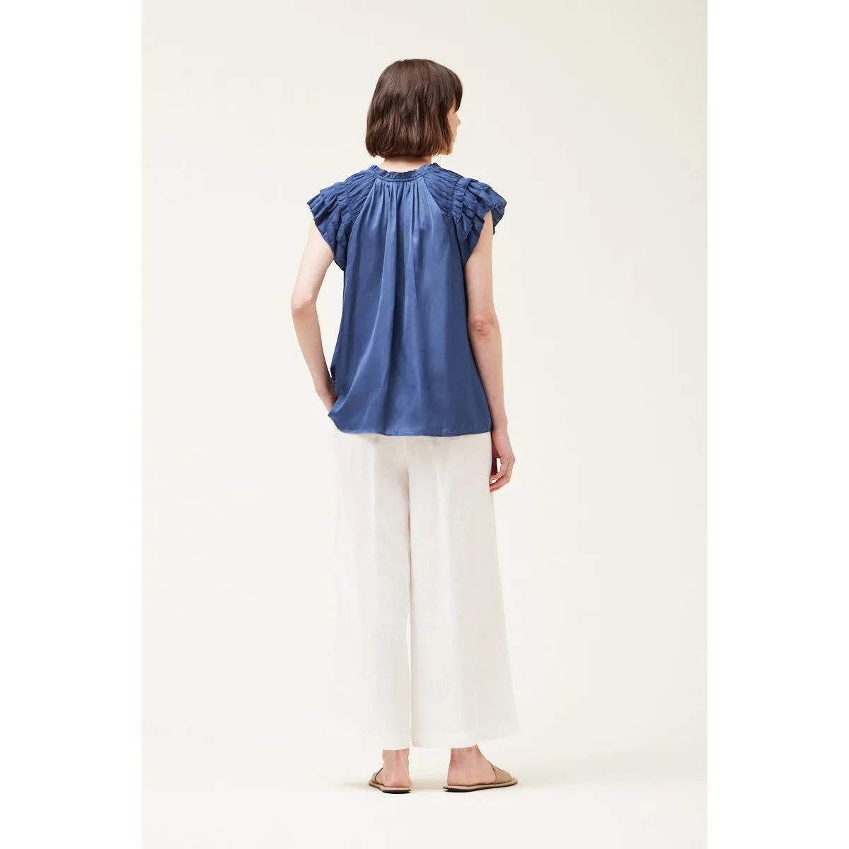 Giulia Grade and Gather Satin Blue Corn Ruffle Sleeve Blouse