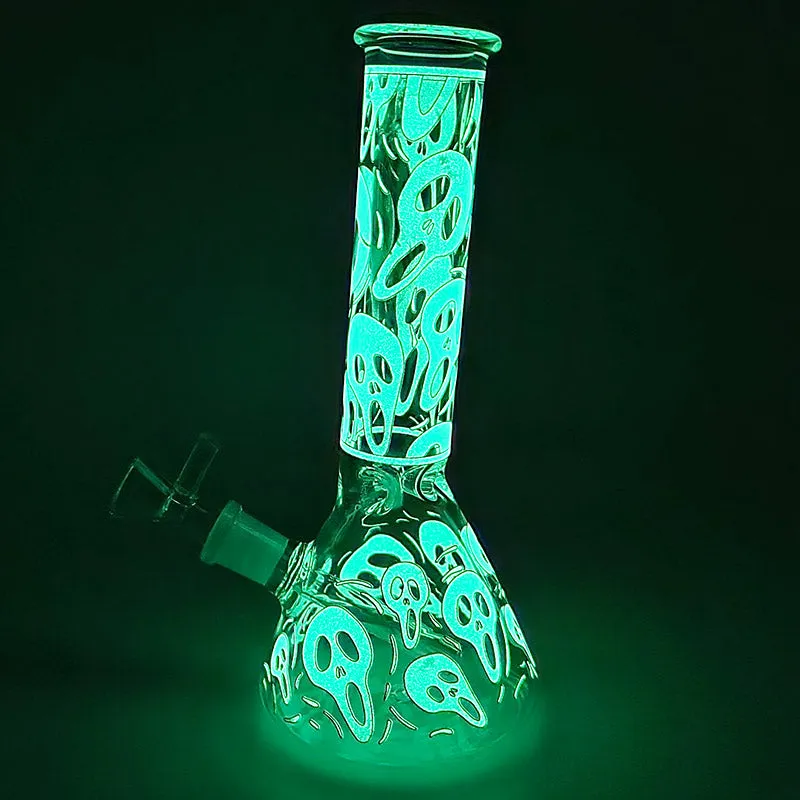 Glass beaker bong with glow-in-the-dark Ghost mask