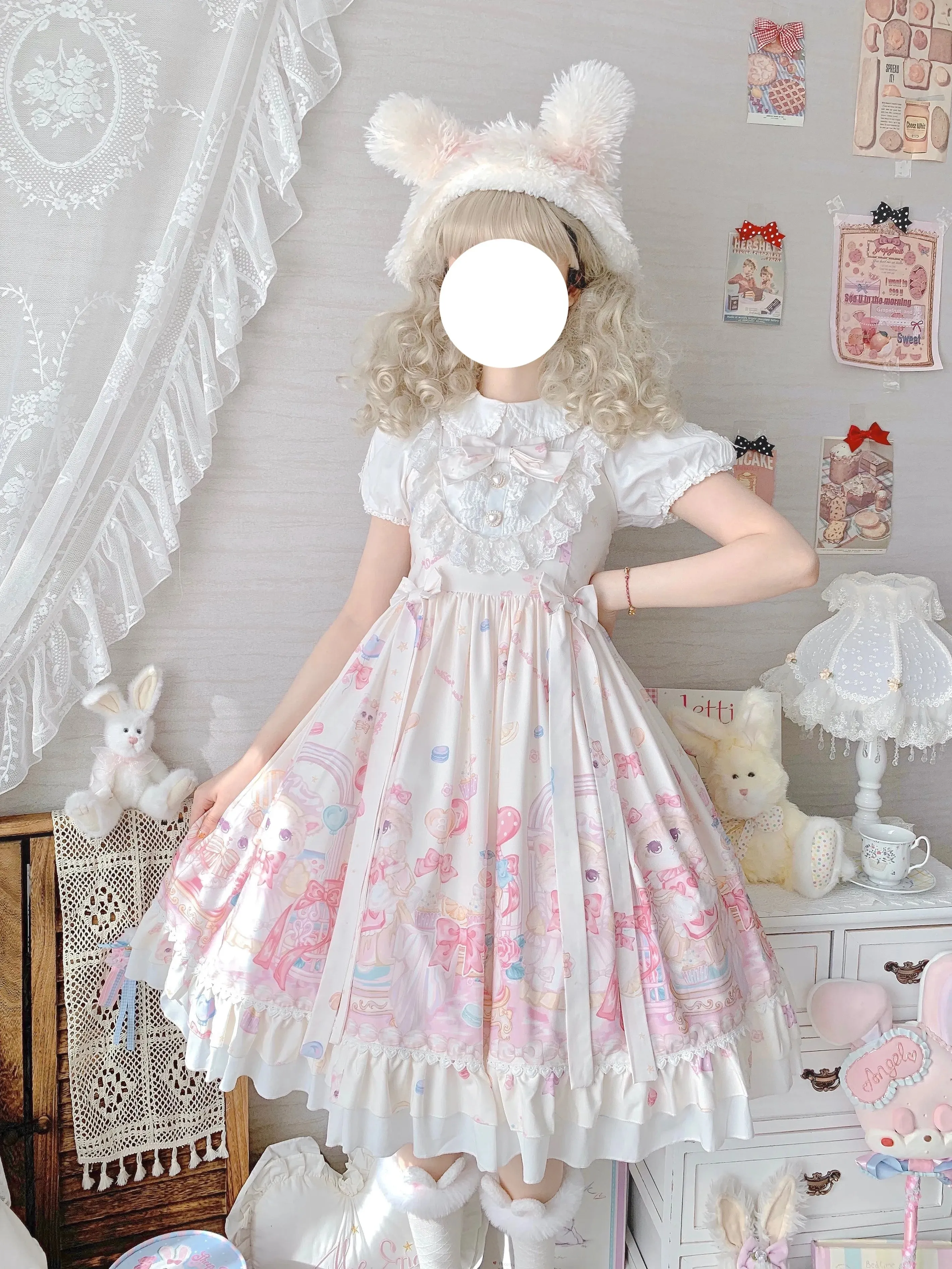 Gothic Sweet Lolita Dress - Square Collar, Cat Print