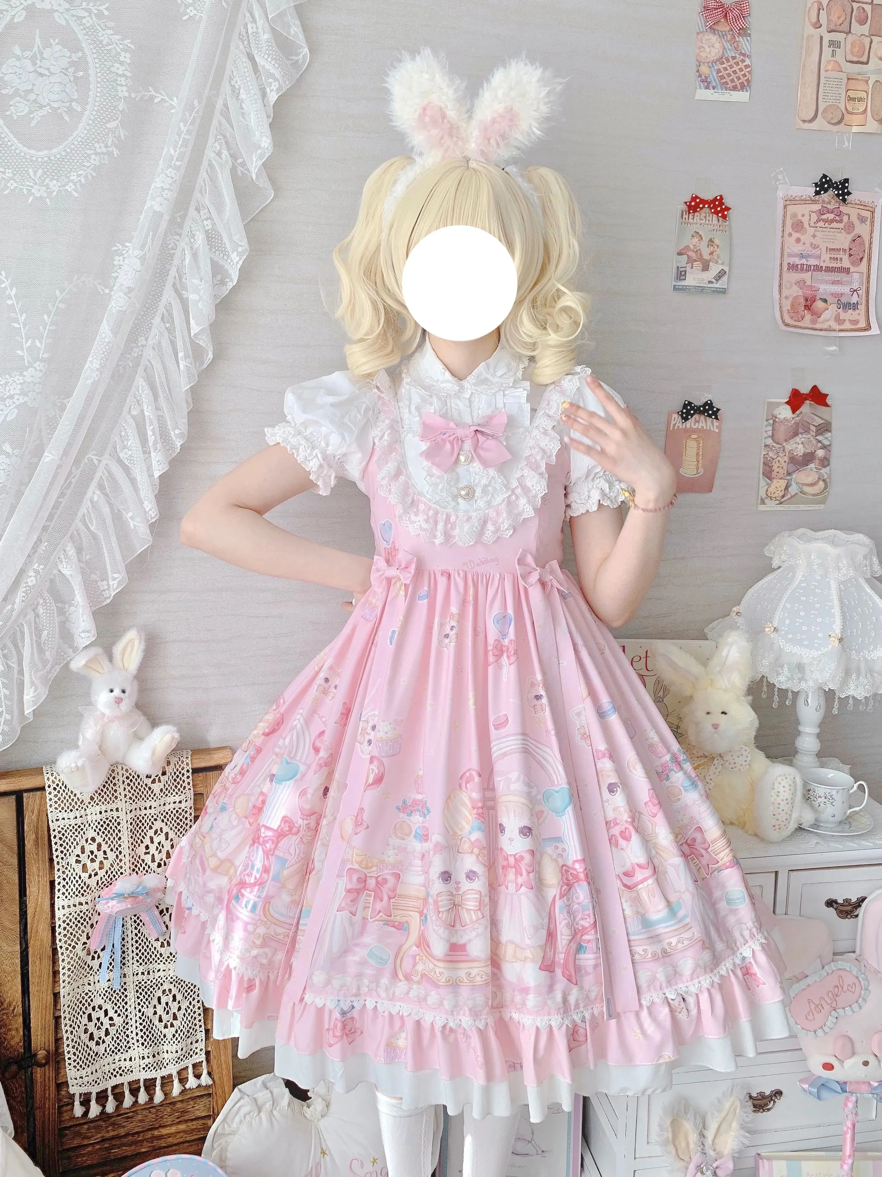 Gothic Sweet Lolita Dress - Square Collar, Cat Print