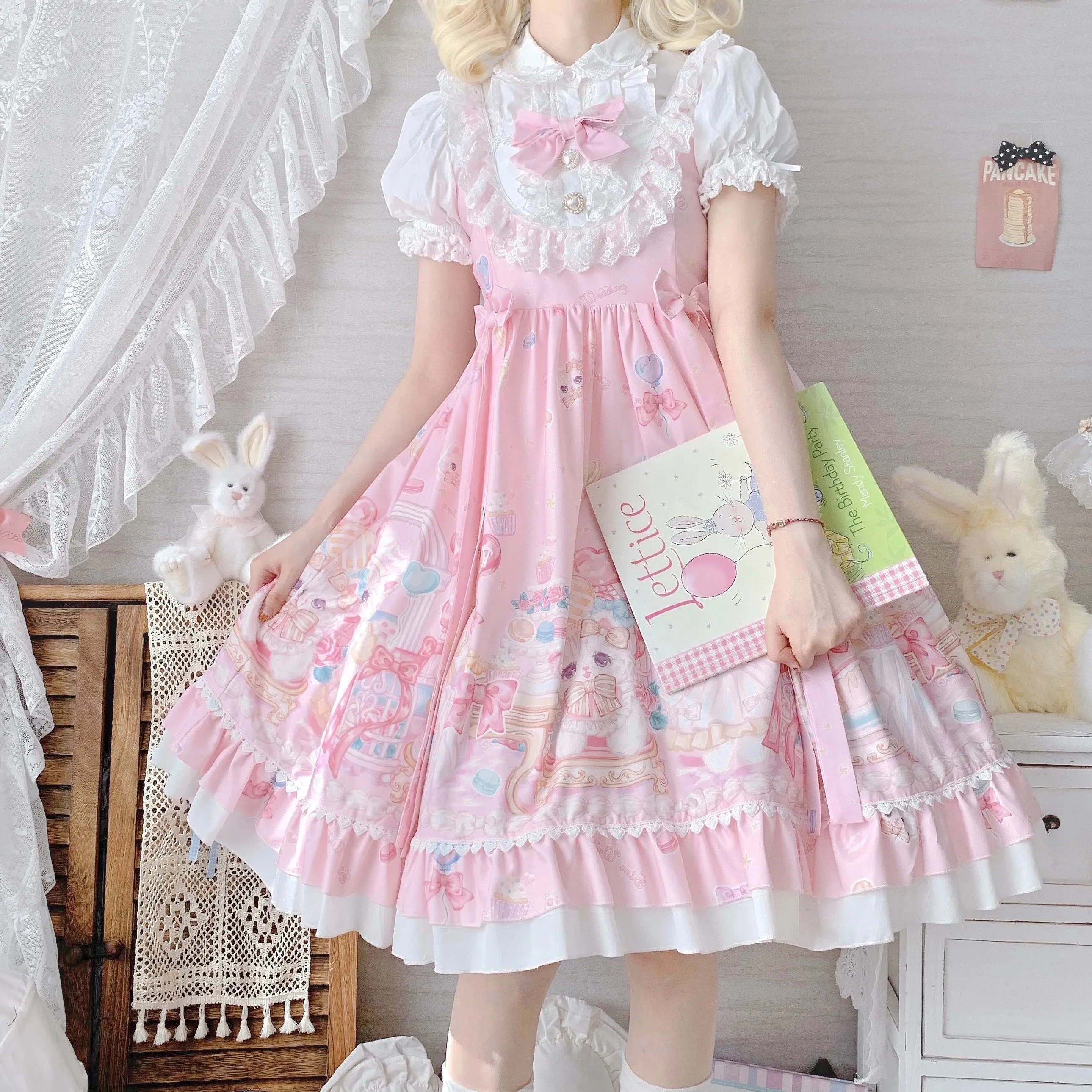 Gothic Sweet Lolita Dress - Square Collar, Cat Print