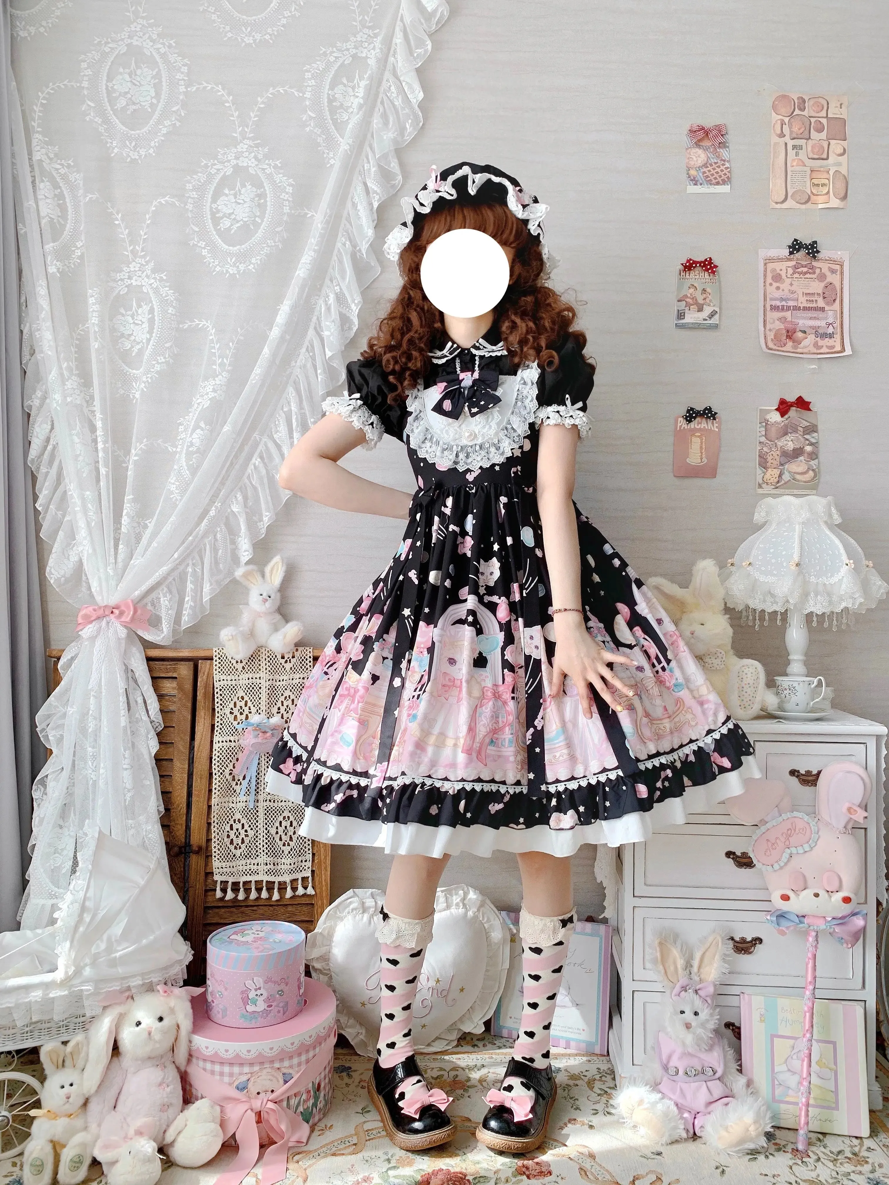 Gothic Sweet Lolita Dress - Square Collar, Cat Print