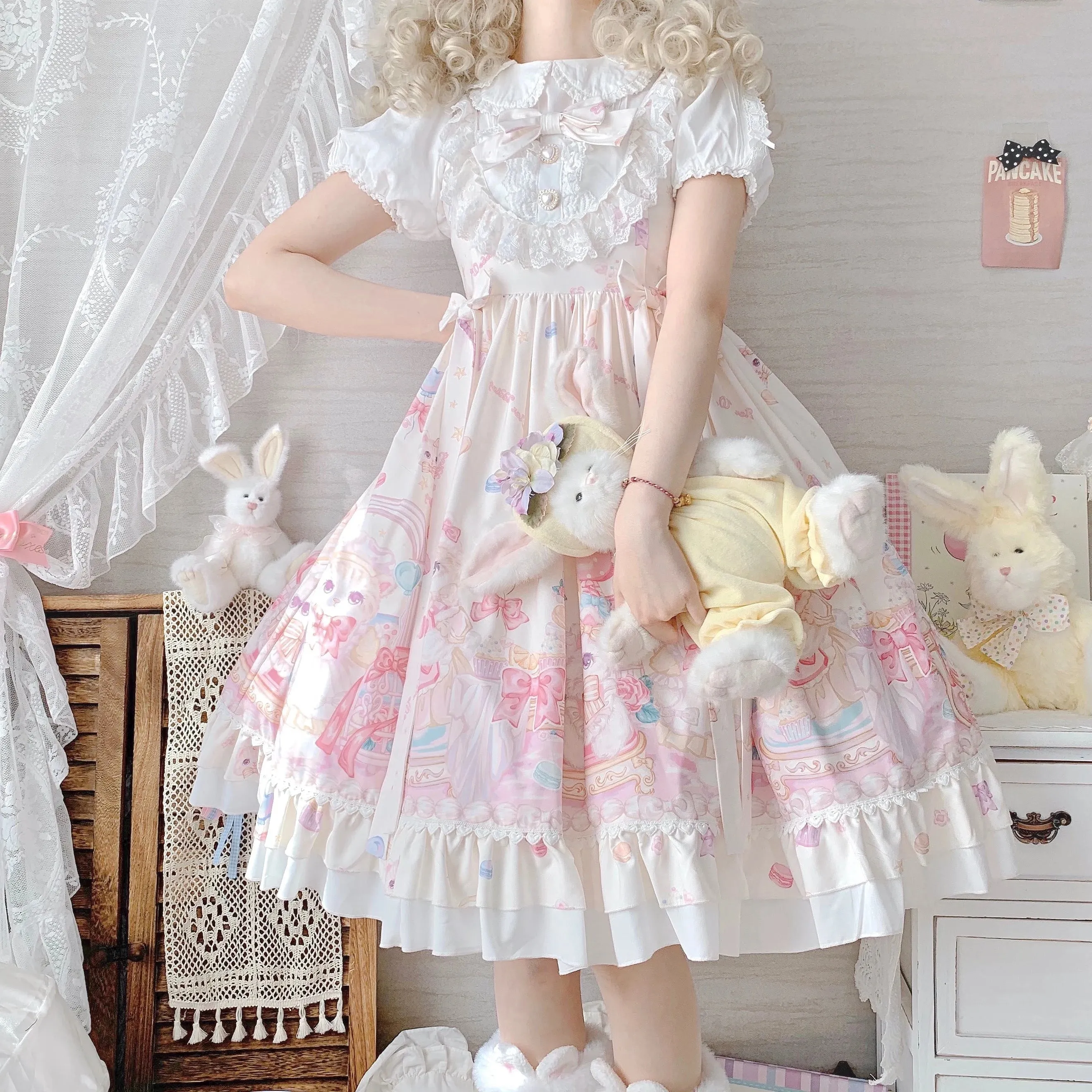 Gothic Sweet Lolita Dress - Square Collar, Cat Print