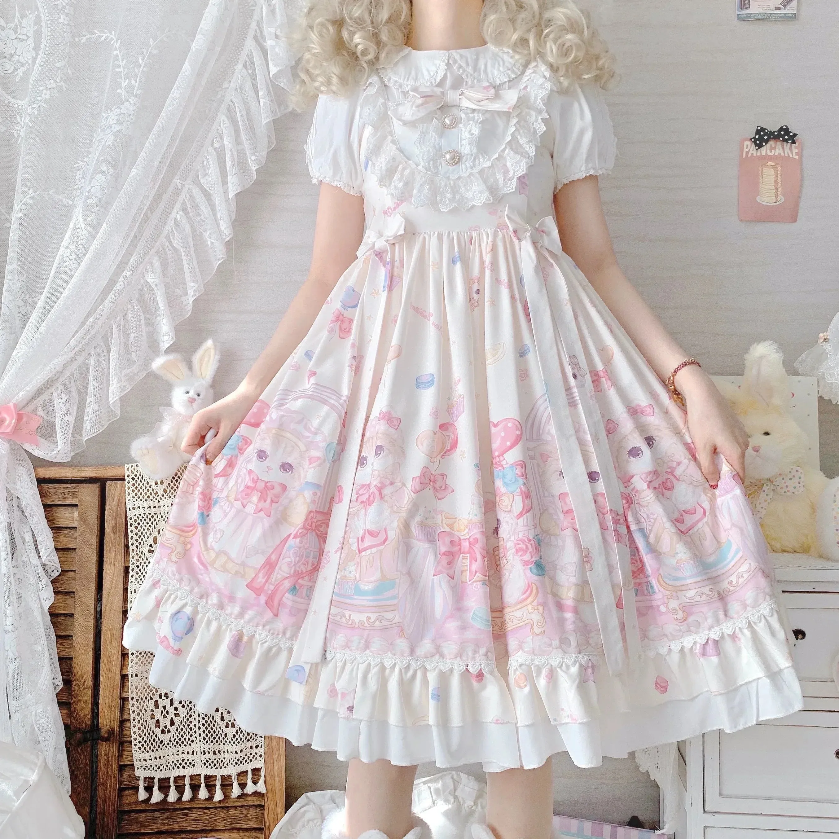 Gothic Sweet Lolita Dress - Square Collar, Cat Print