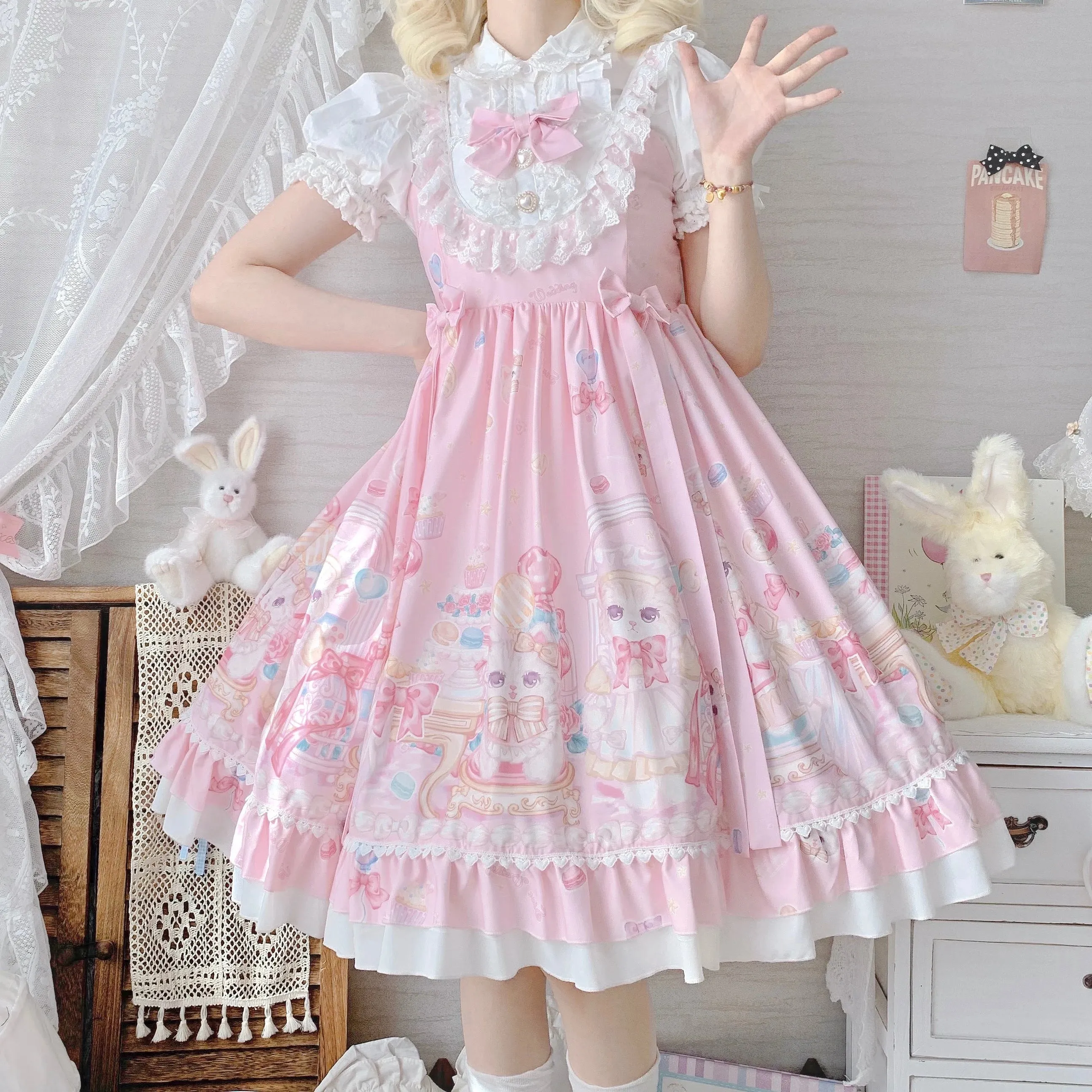 Gothic Sweet Lolita Dress - Square Collar, Cat Print