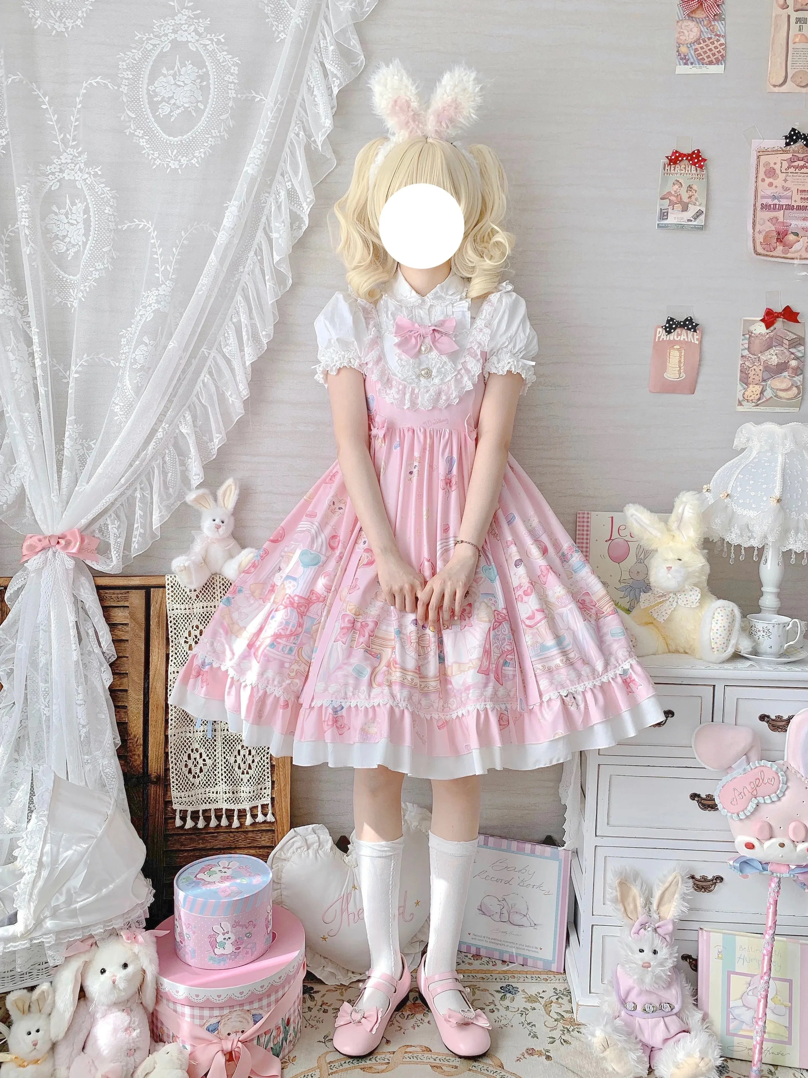 Gothic Sweet Lolita Dress - Square Collar, Cat Print