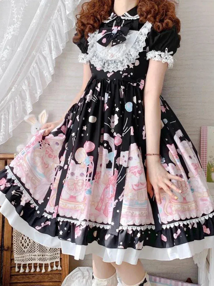 Gothic Sweet Lolita Dress - Square Collar, Cat Print