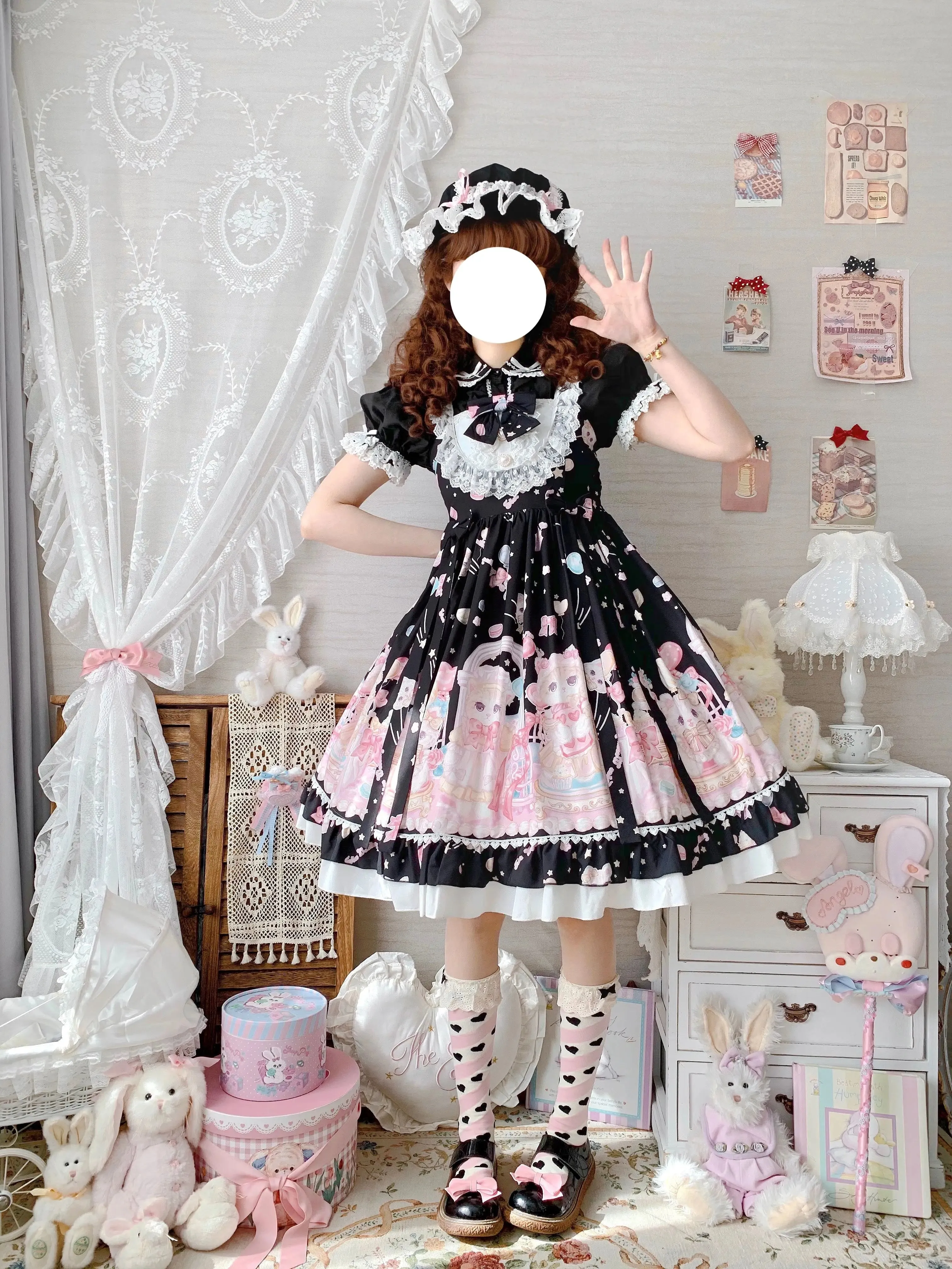 Gothic Sweet Lolita Dress - Square Collar, Cat Print