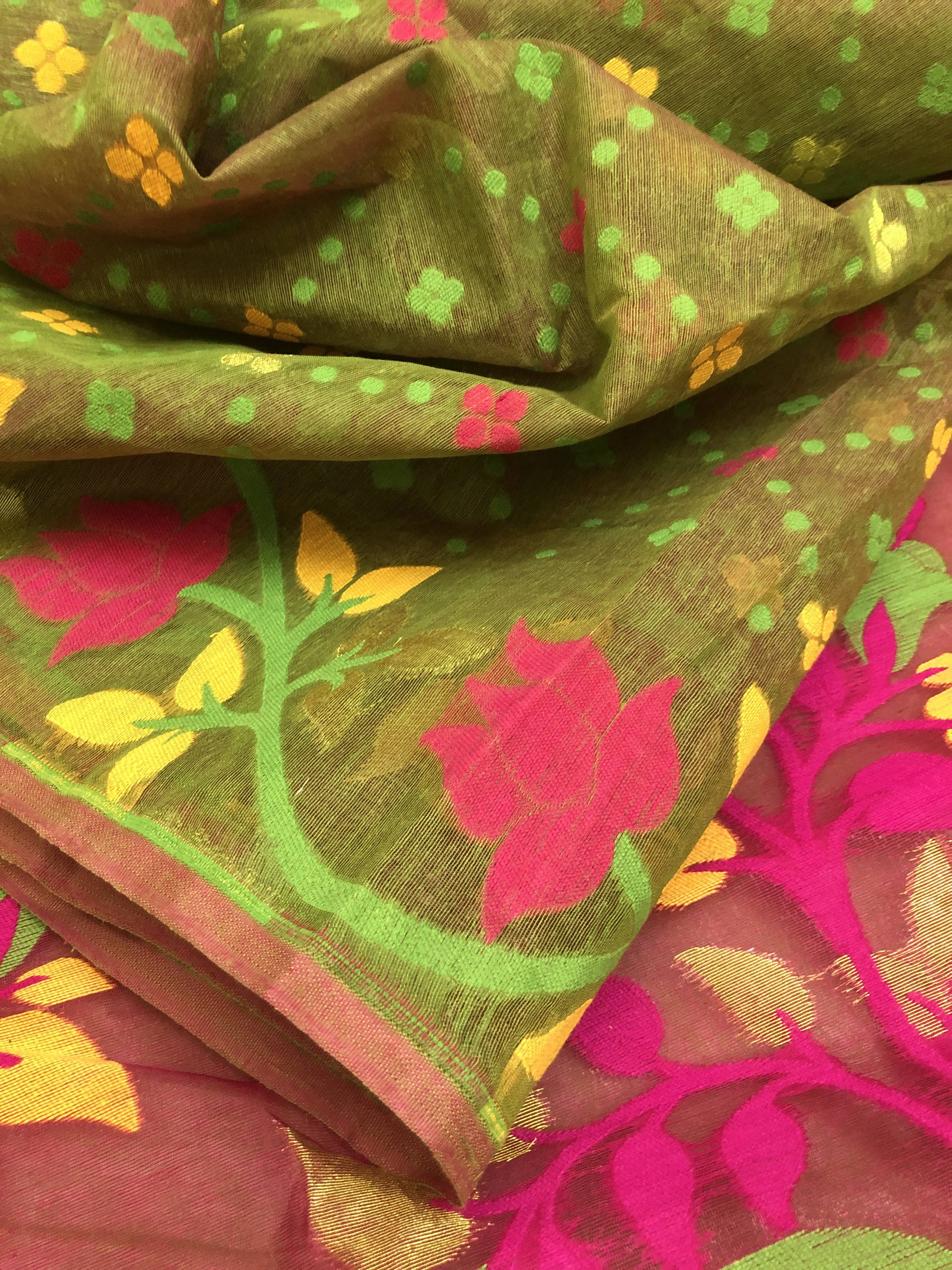 Green and Cerise Color Jamdani Saree with Patli Pallu