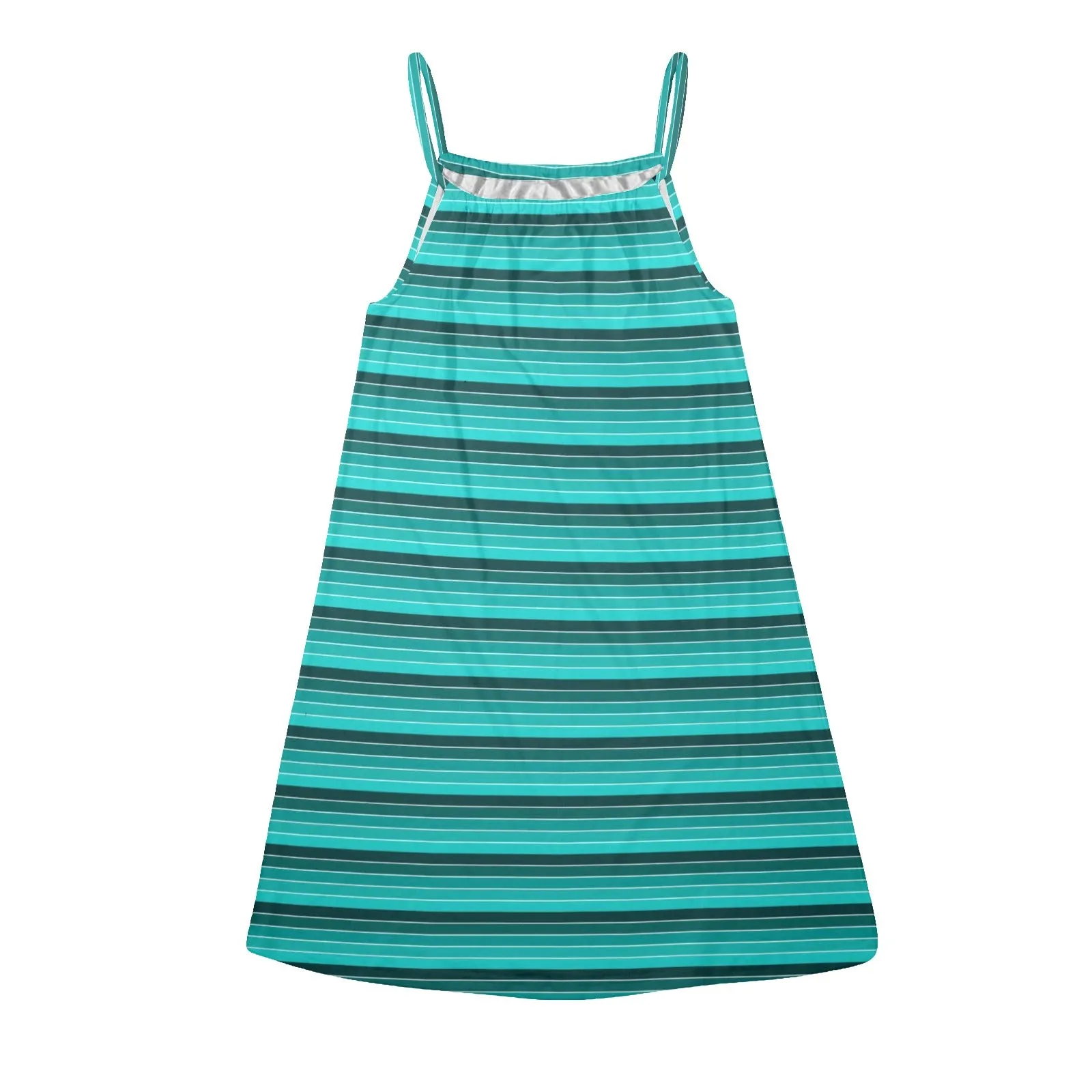 green striped print Drawstring Neck Sleeveless Dress (Model D68)