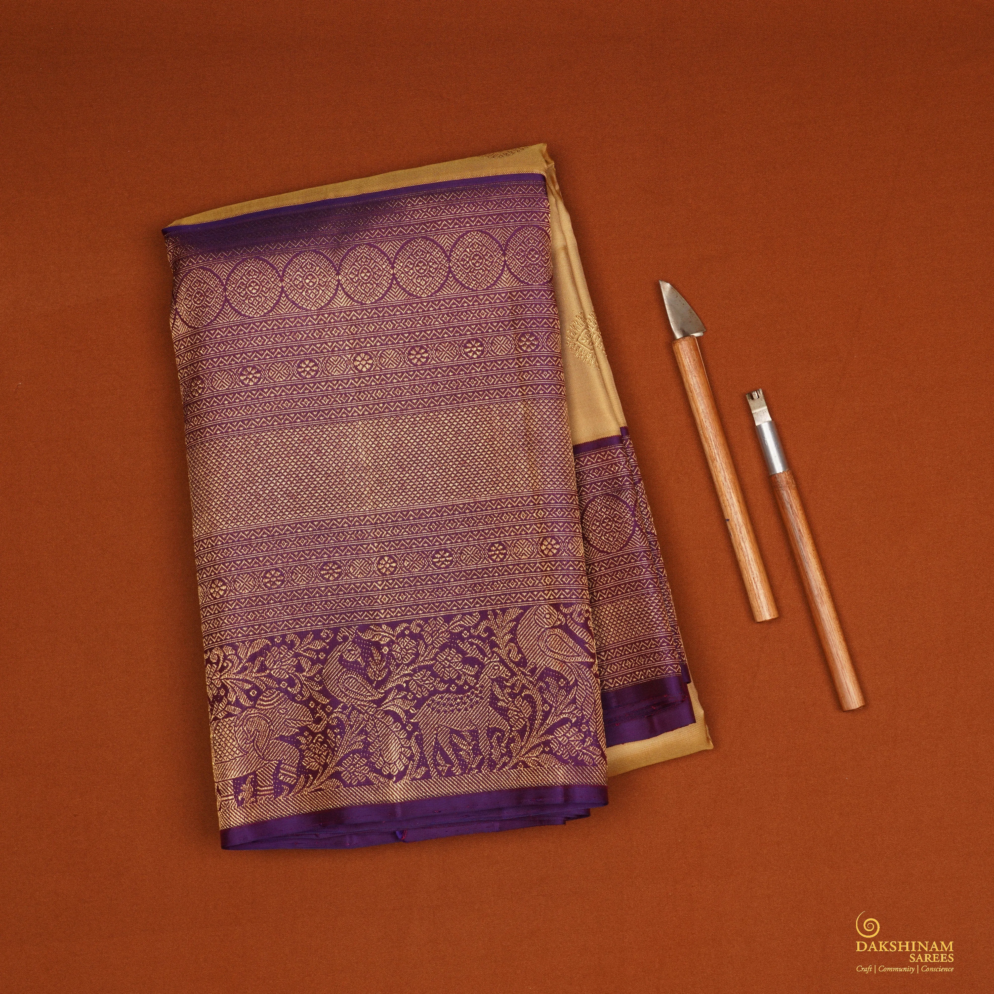 Handwoven Beige with Purple Kanjivaram Silk Saree - 2062T009040DSC