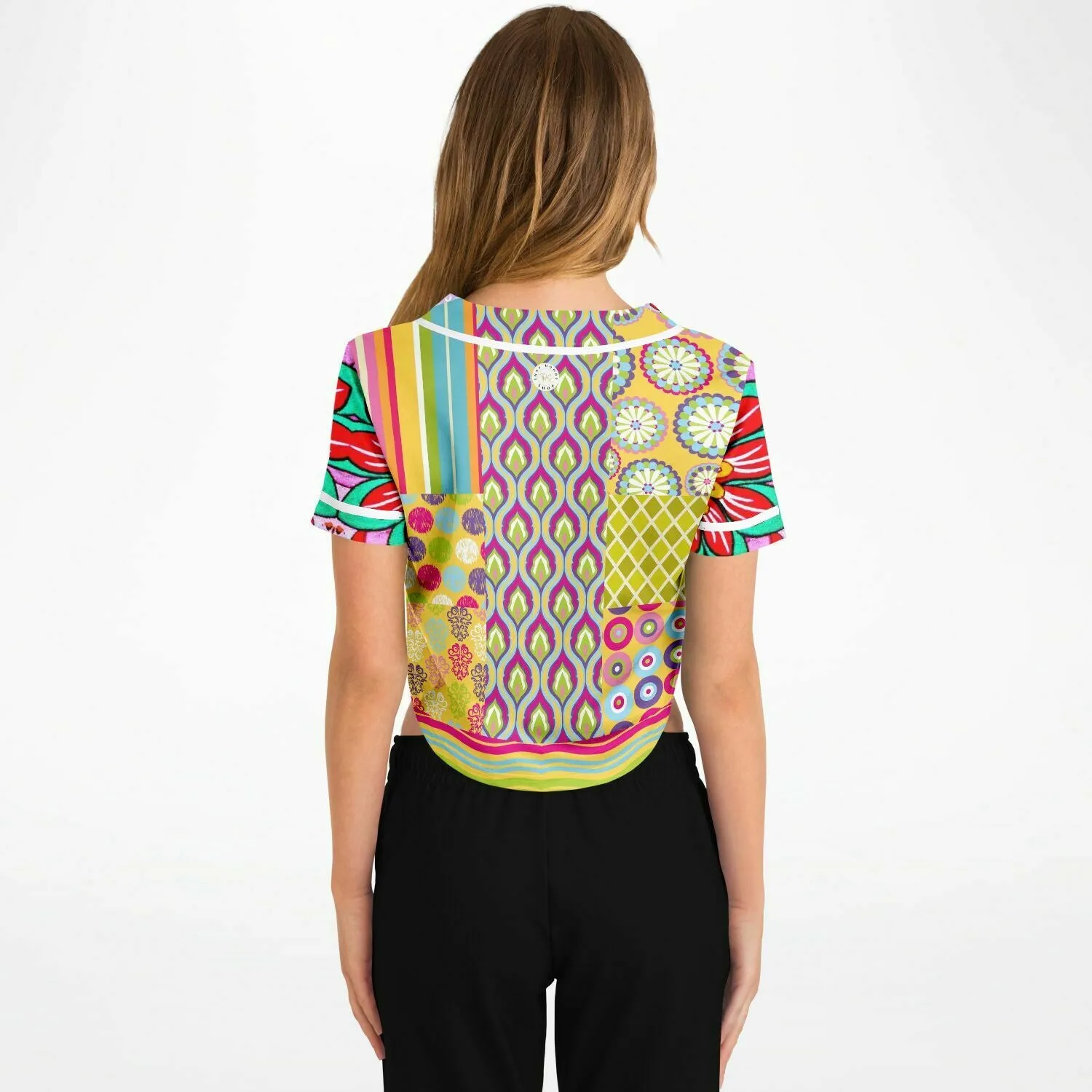 Hello Janis! Yellow Patchwork Cropped Button Front Jersey