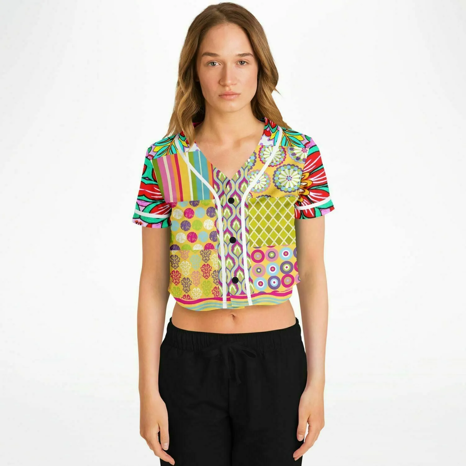 Hello Janis! Yellow Patchwork Cropped Button Front Jersey