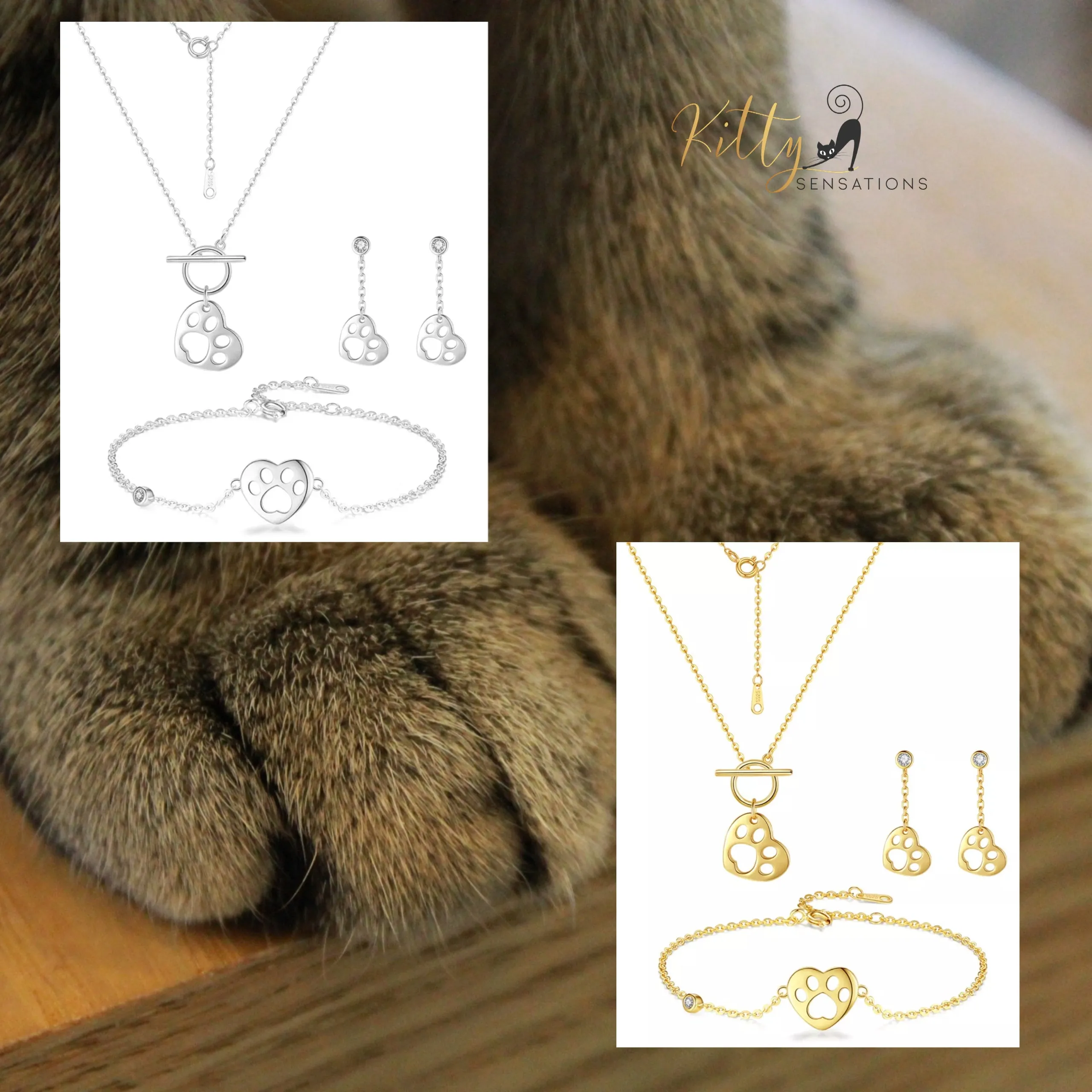 Kitty Paw in Heart Jewelry Set in Solid 925 Sterling Silver