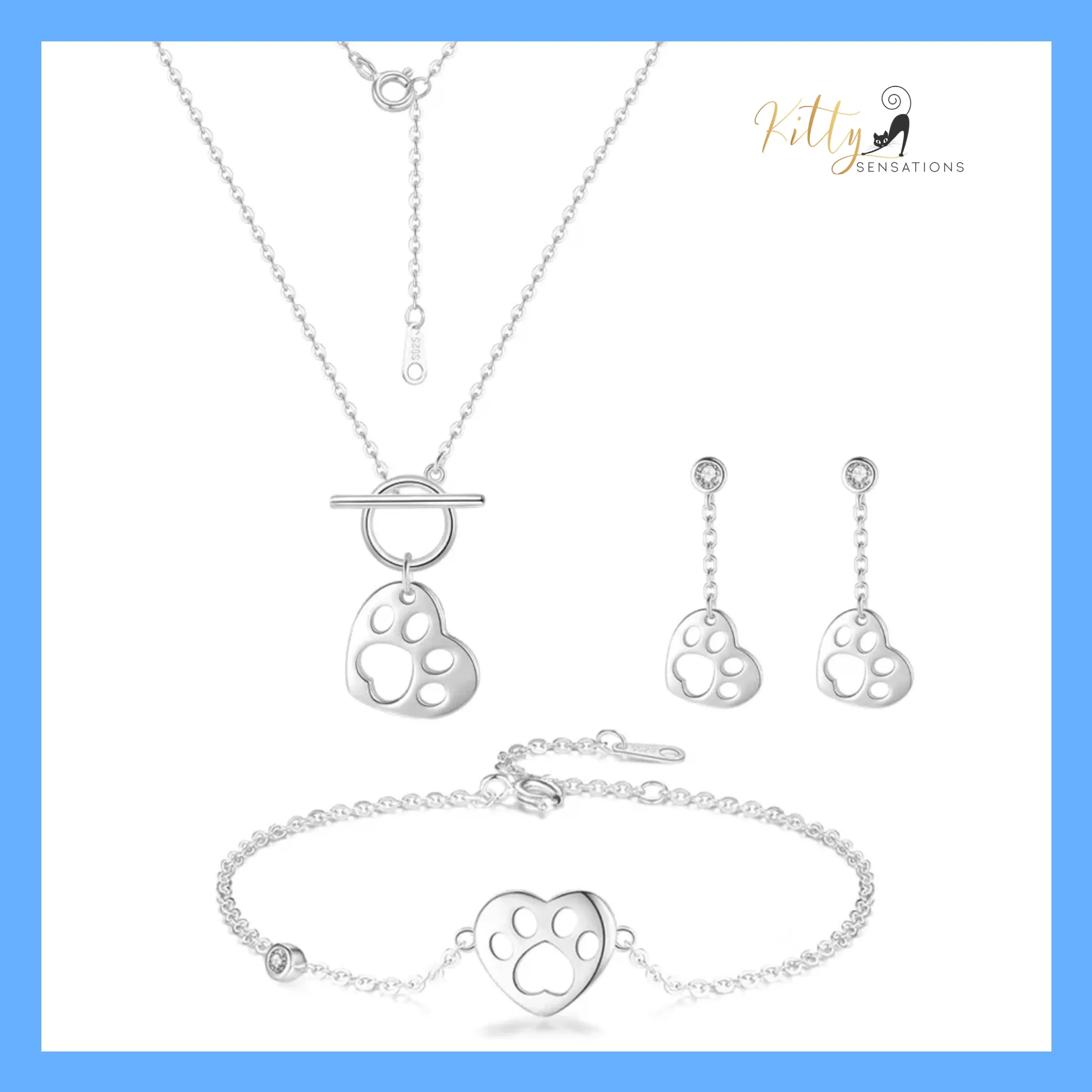 Kitty Paw in Heart Jewelry Set in Solid 925 Sterling Silver