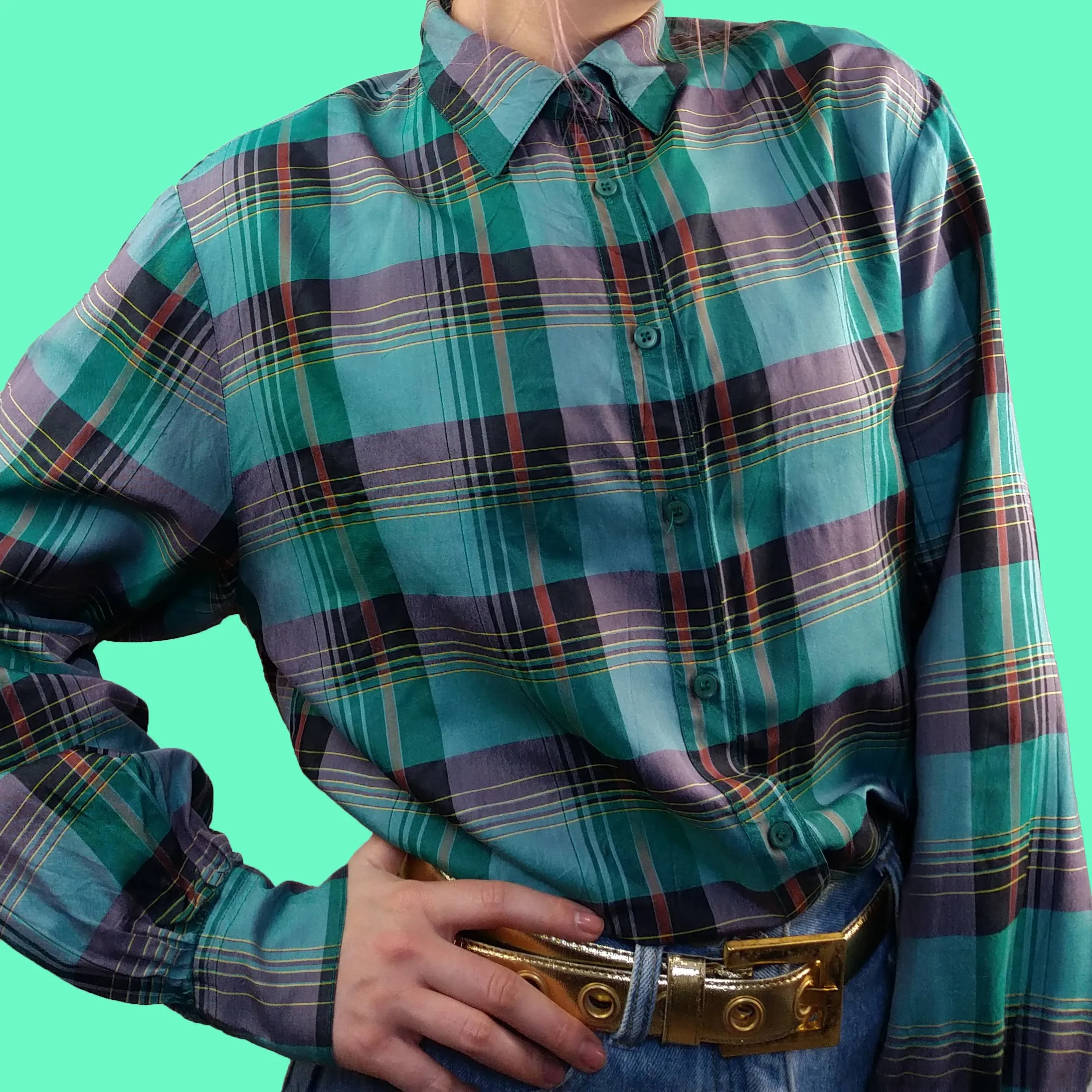 KURT KELLERMANN Plaid Pattern Silk Blouse