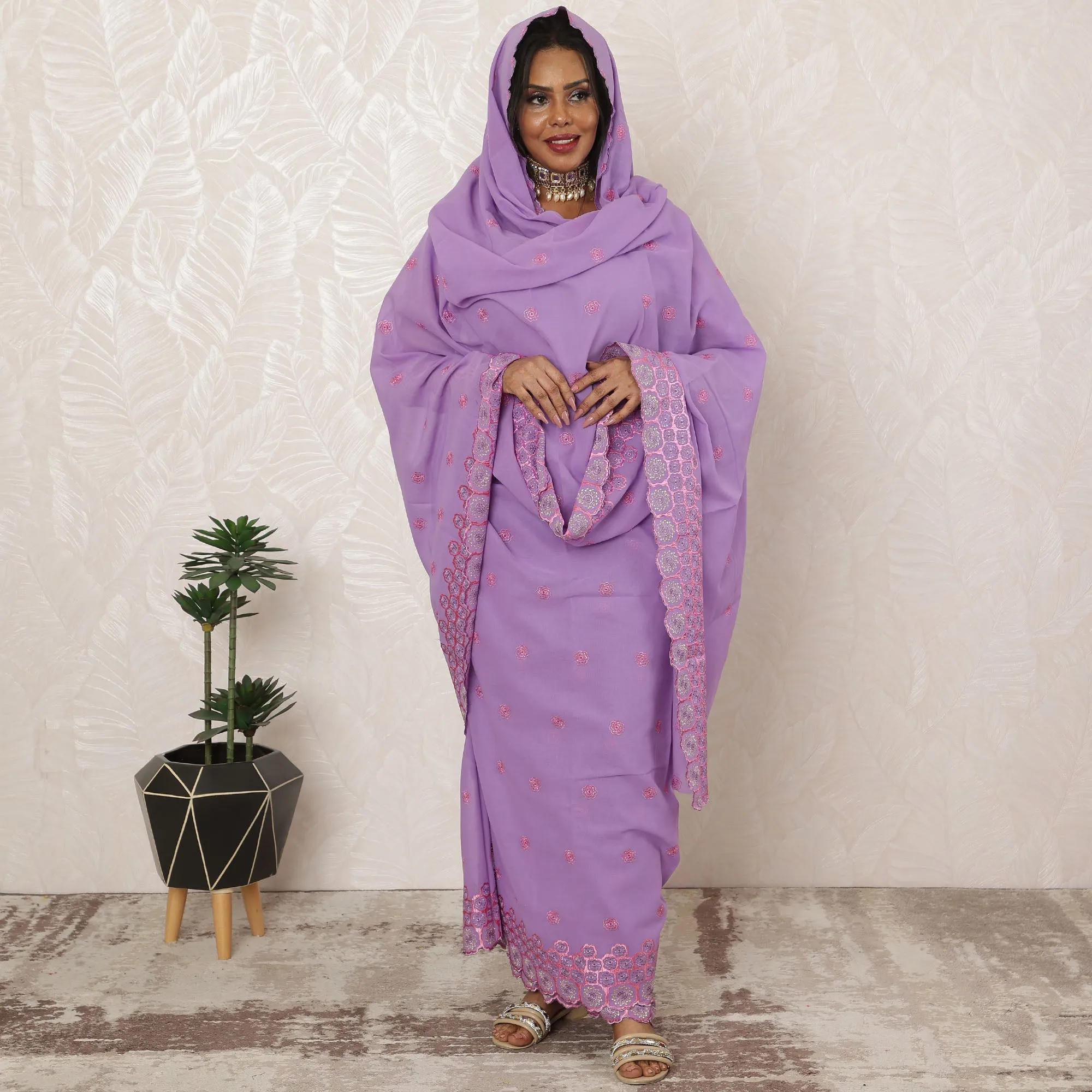 Lavender Traditional Sudanese Cotton Voile Embroidery Thobe Fabric, 4.5 Meters, 140 cm Width-D20375