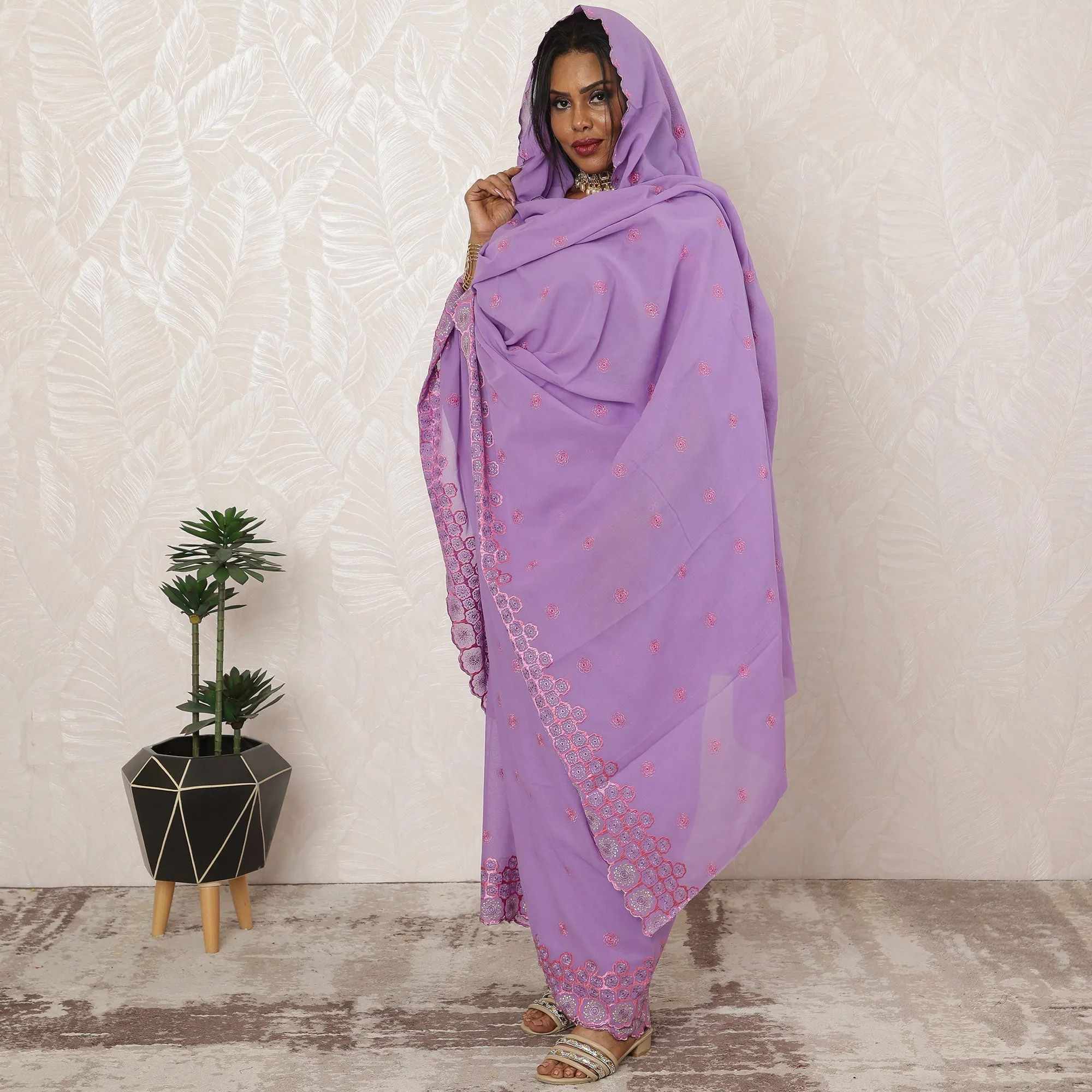 Lavender Traditional Sudanese Cotton Voile Embroidery Thobe Fabric, 4.5 Meters, 140 cm Width-D20375