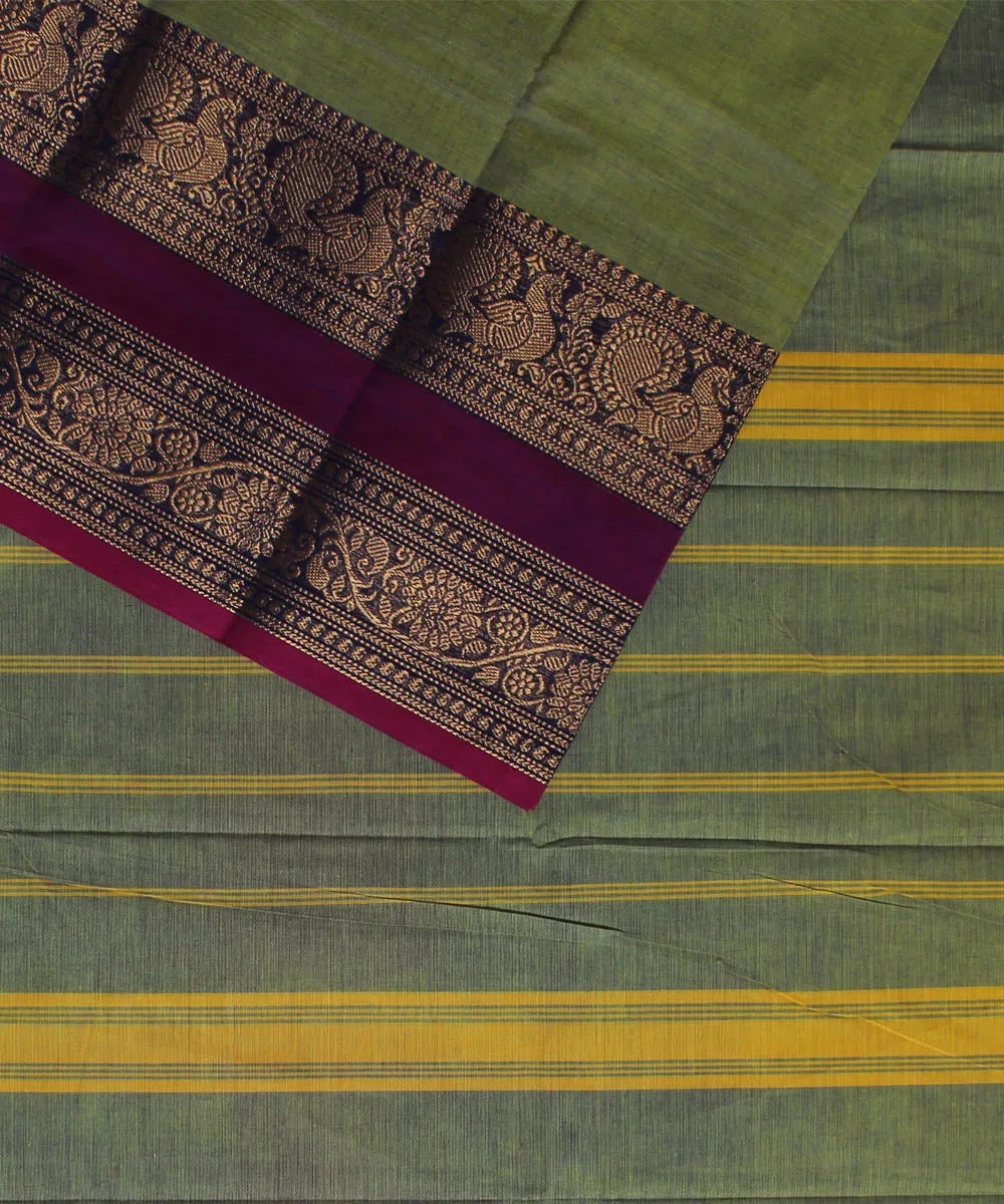 Lime green purple border cotton handwoven chettinadu saree