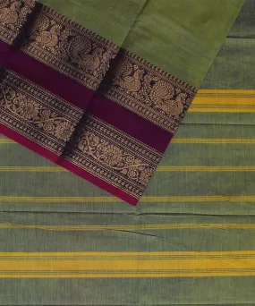 Lime green purple border cotton handwoven chettinadu saree