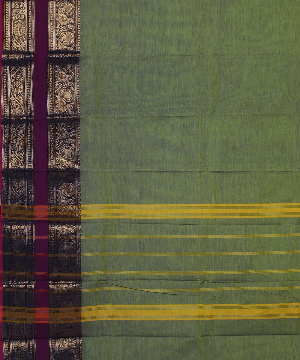 Lime green purple border cotton handwoven chettinadu saree