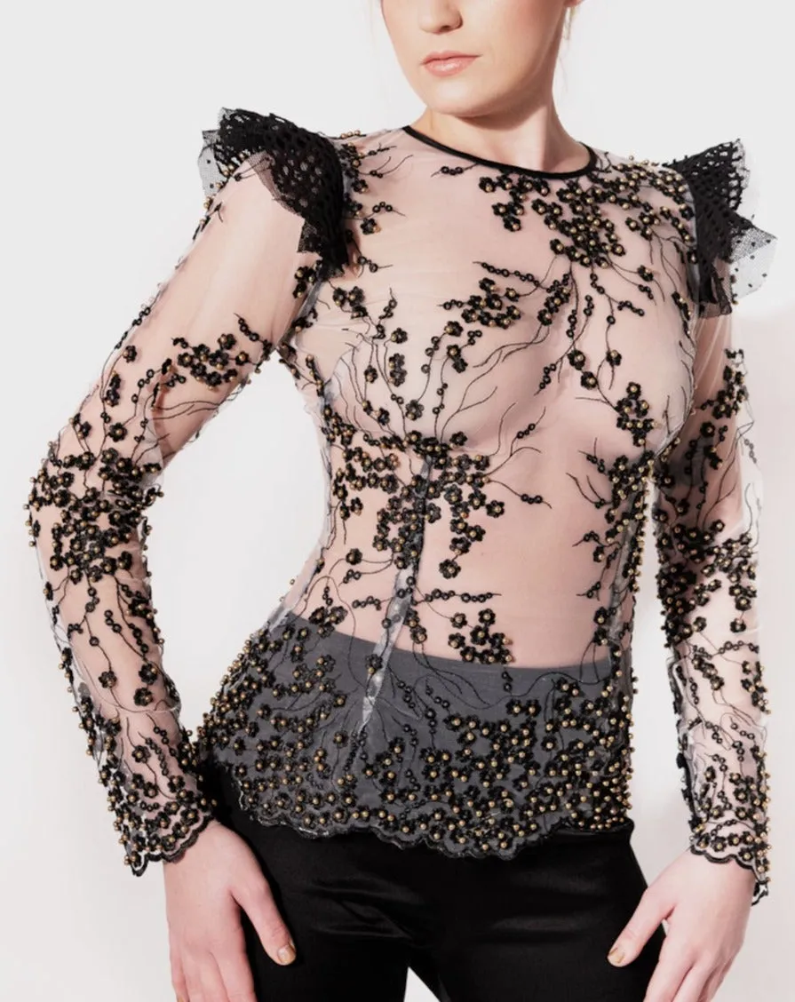 LONDON Beaded and Embroidered Mesh Top