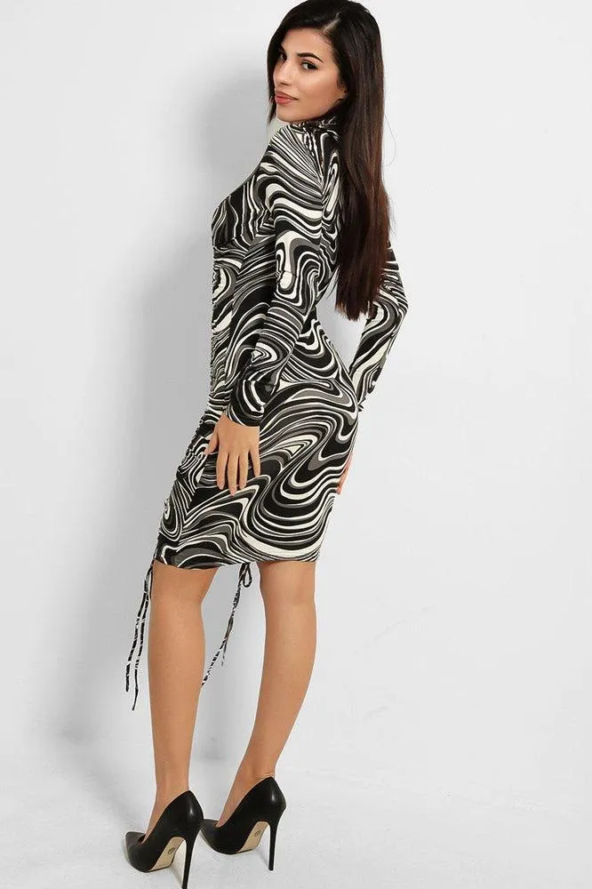 Marbling Print Drawstring Front Slinky Bodycon Dress