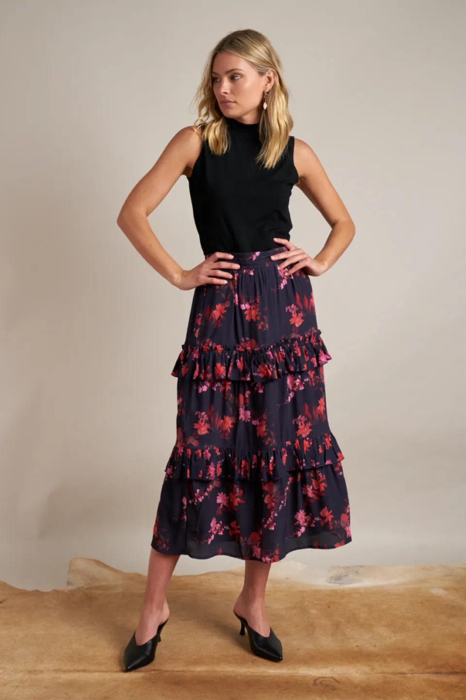 Maya Ruffe Tiered Black Luna Bloom Floral Midi Skirt