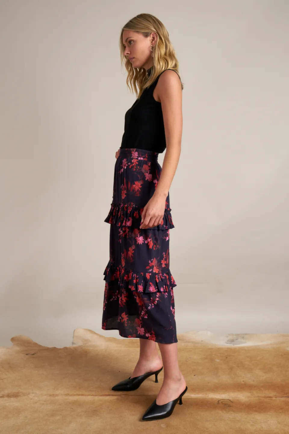 Maya Ruffe Tiered Black Luna Bloom Floral Midi Skirt