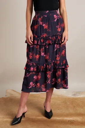 Maya Ruffe Tiered Black Luna Bloom Floral Midi Skirt