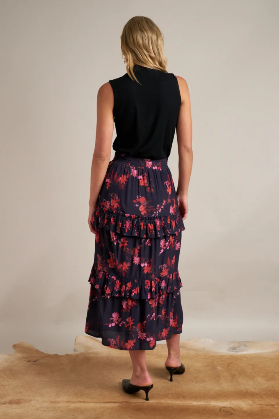 Maya Ruffe Tiered Black Luna Bloom Floral Midi Skirt