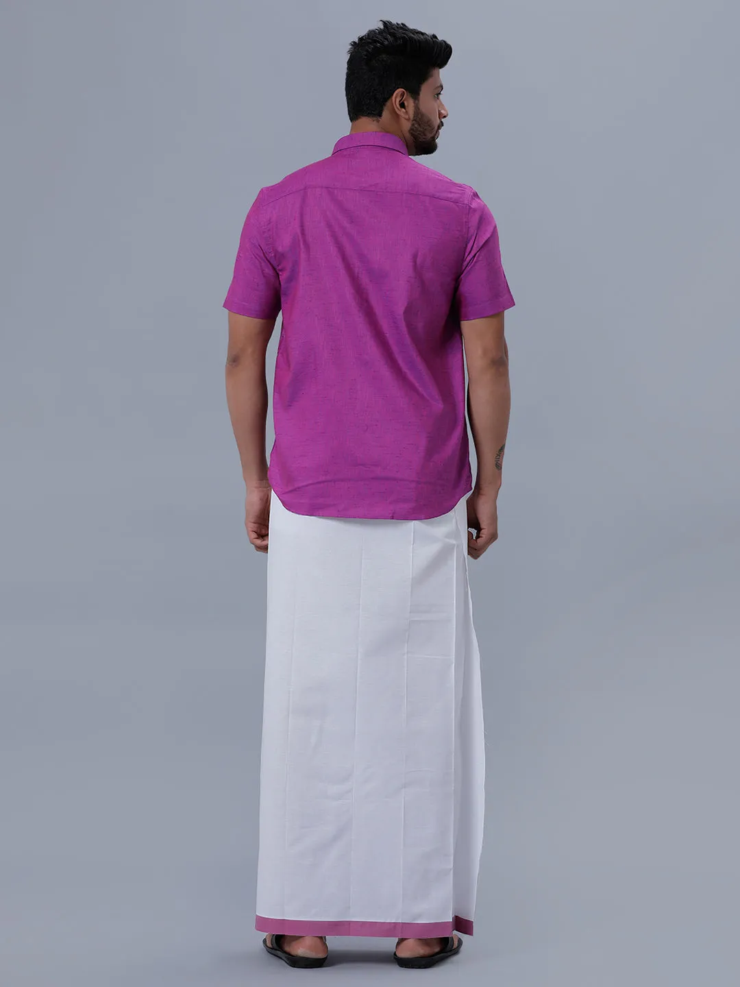 Men Matching Border Adjustable Dhoti & Half Sleeves Shirt Set C49