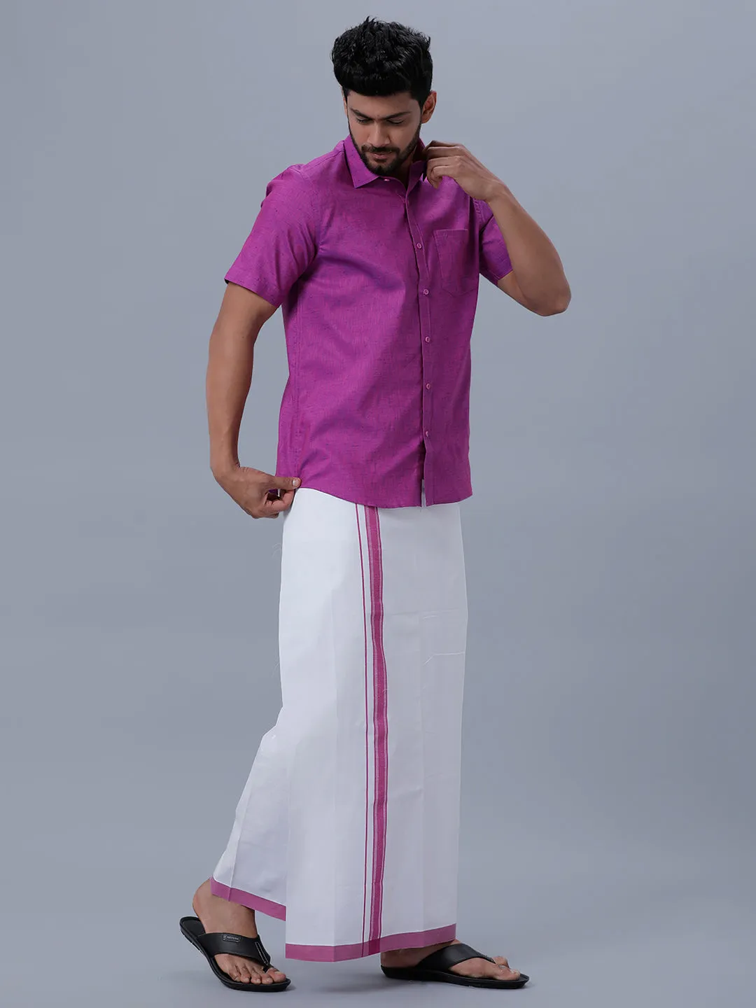 Men Matching Border Adjustable Dhoti & Half Sleeves Shirt Set C49