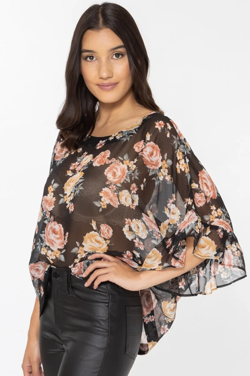 Monte Carlo Black Magical Rose Ruffle Sleeve Relax Top