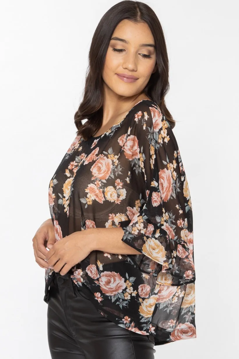 Monte Carlo Black Magical Rose Ruffle Sleeve Relax Top