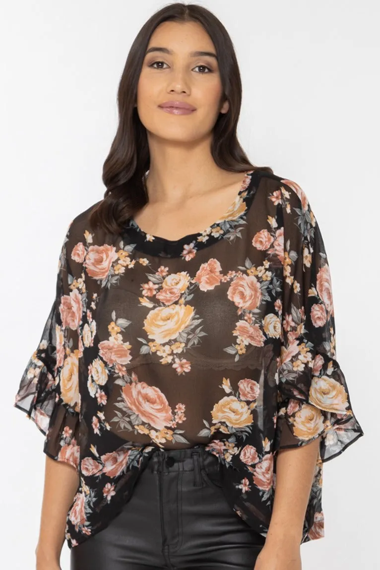 Monte Carlo Black Magical Rose Ruffle Sleeve Relax Top