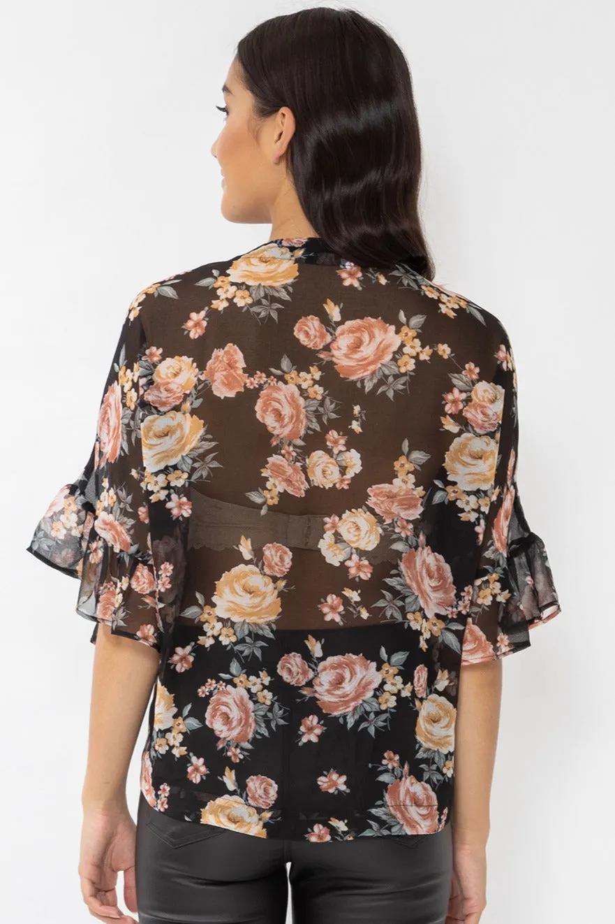 Monte Carlo Black Magical Rose Ruffle Sleeve Relax Top