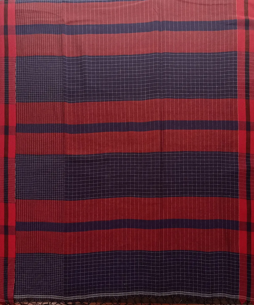 Navy blue red ghicha anchal cotton handwoven saree